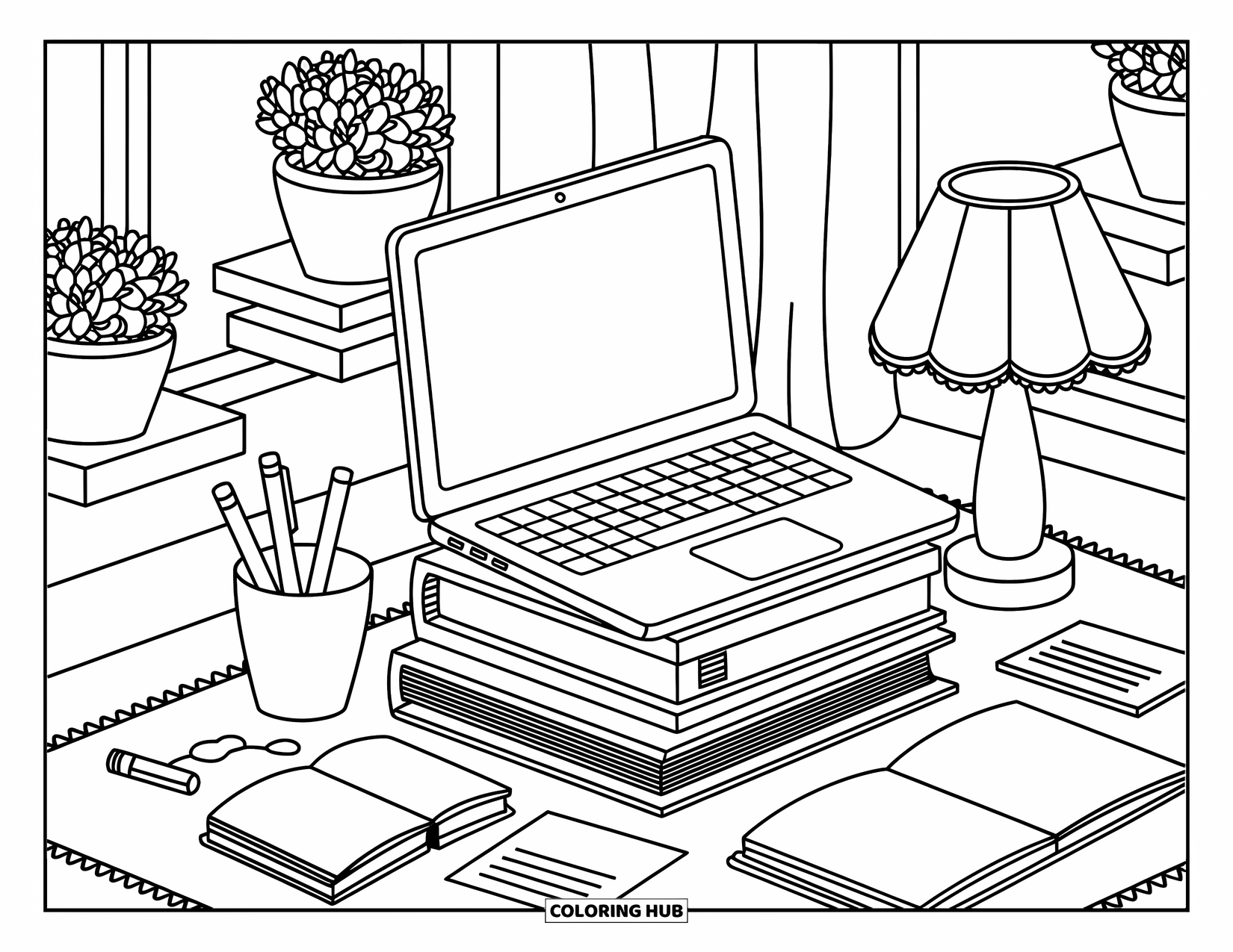 Laptop Coloring Page for Adults: Laptop sits on stacked books and boxes surrounded by potted plants and cozy details