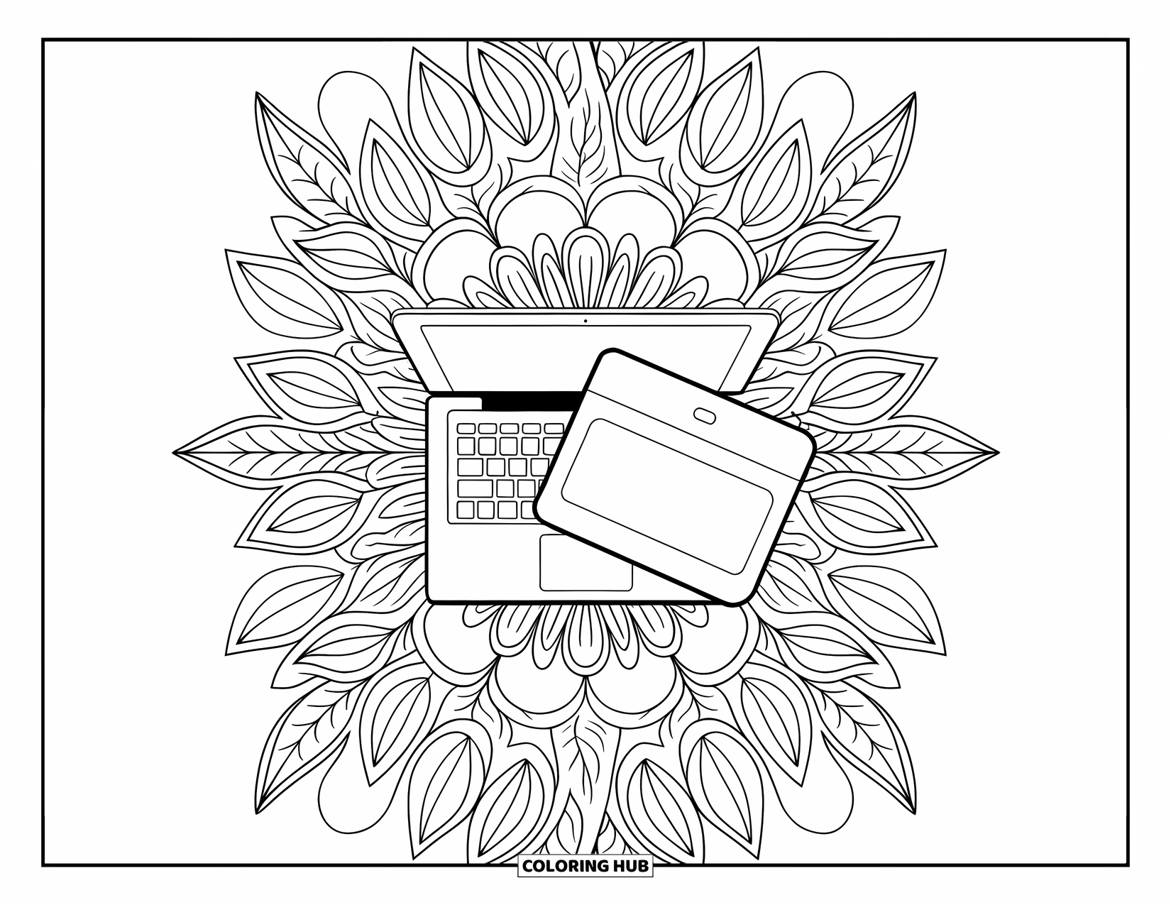 Laptop Coloring Page for Adults: Laptop with a tablet on a patterned surface of flowers and leaves