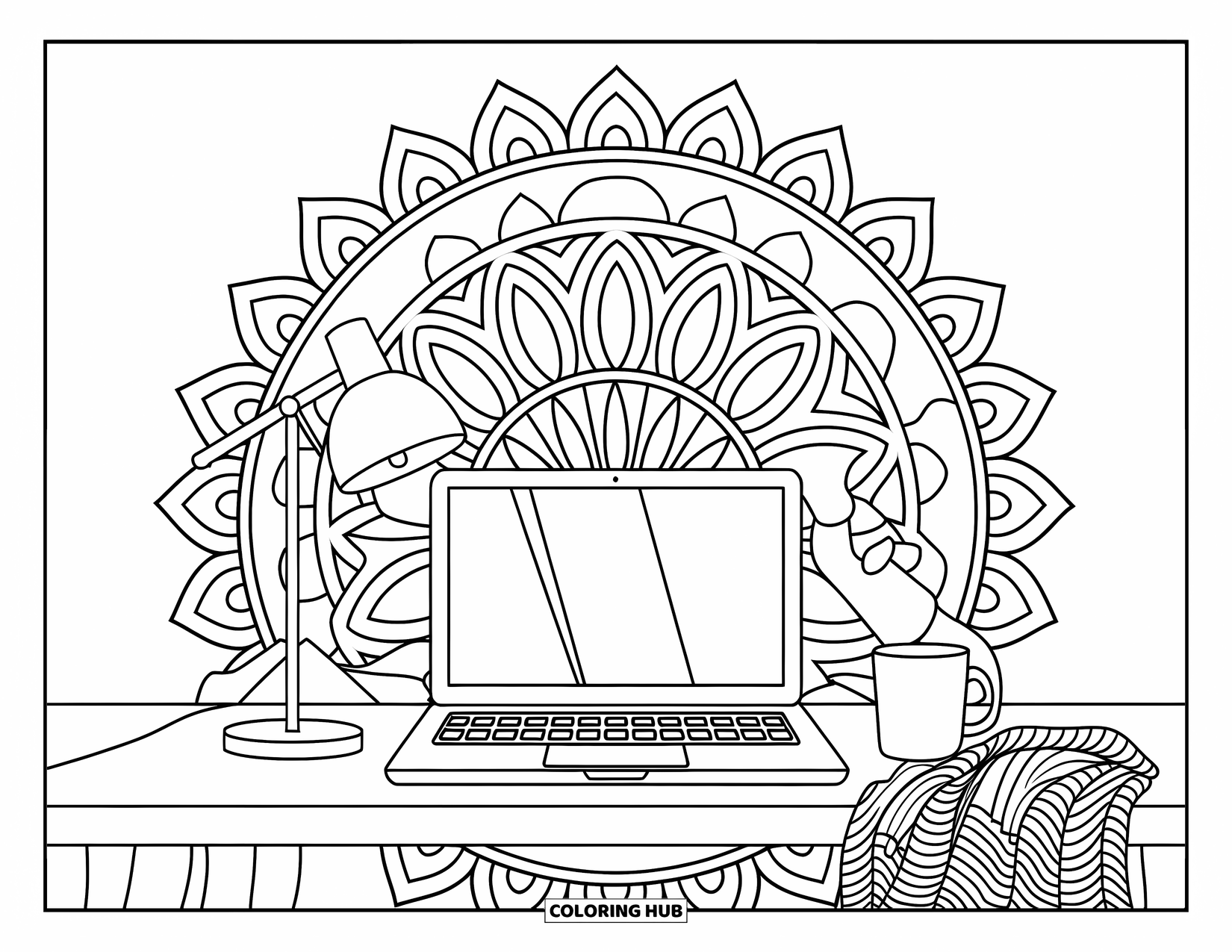 Laptop Coloring Page for Adults: Laptop with cozy items like a lamp and blanket surrounded by a mandala