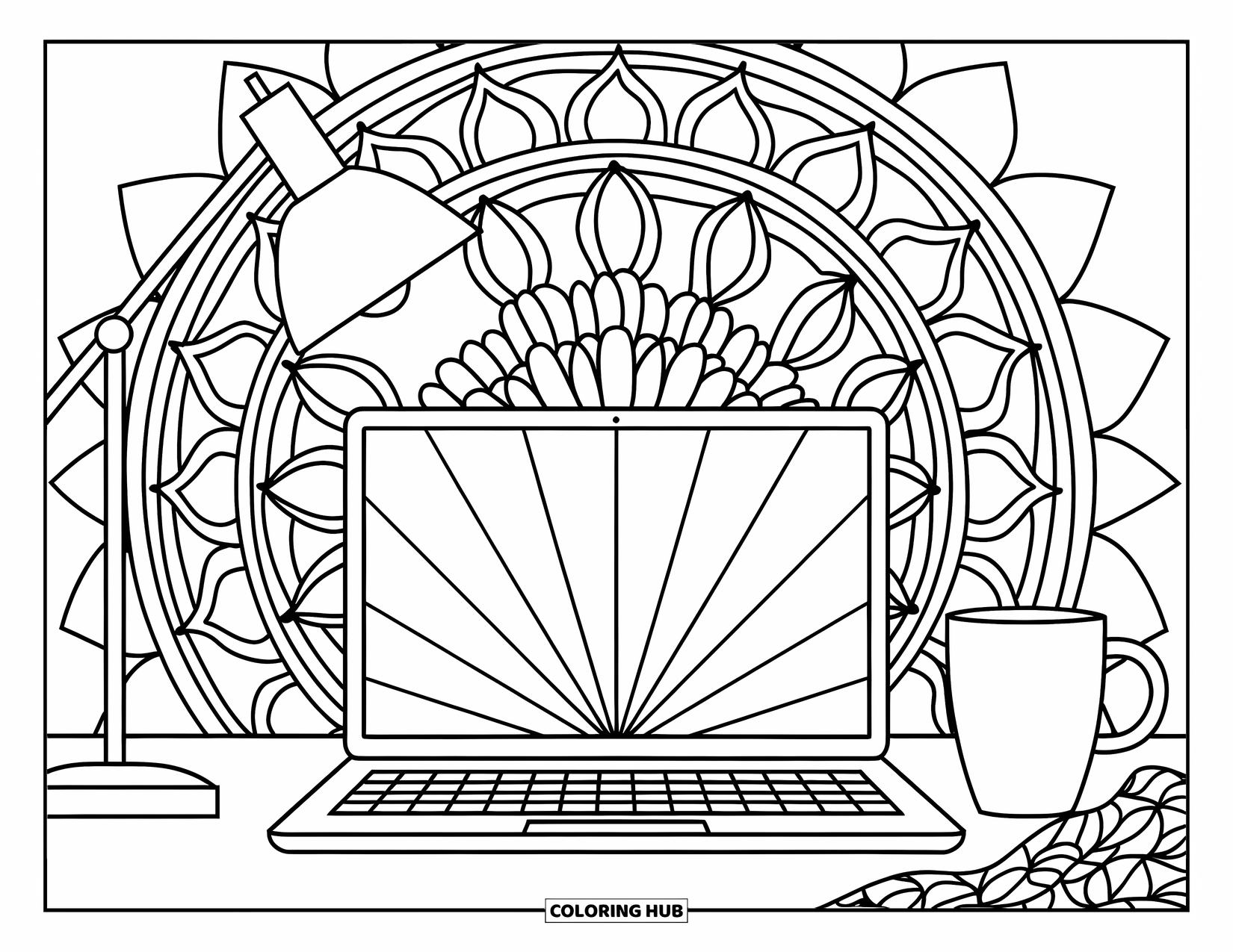 Laptop Coloring Page for Adults: Laptop workspace with a lamp, mug, and blanket over a floral mandala