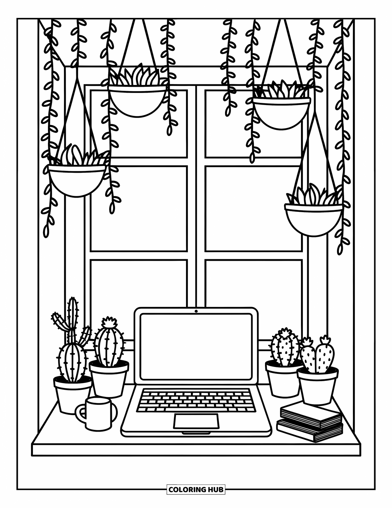 Laptop Coloring Page for Adults: Window sill workspace with laptop, tiny plants, hanging pots, and a warm mug