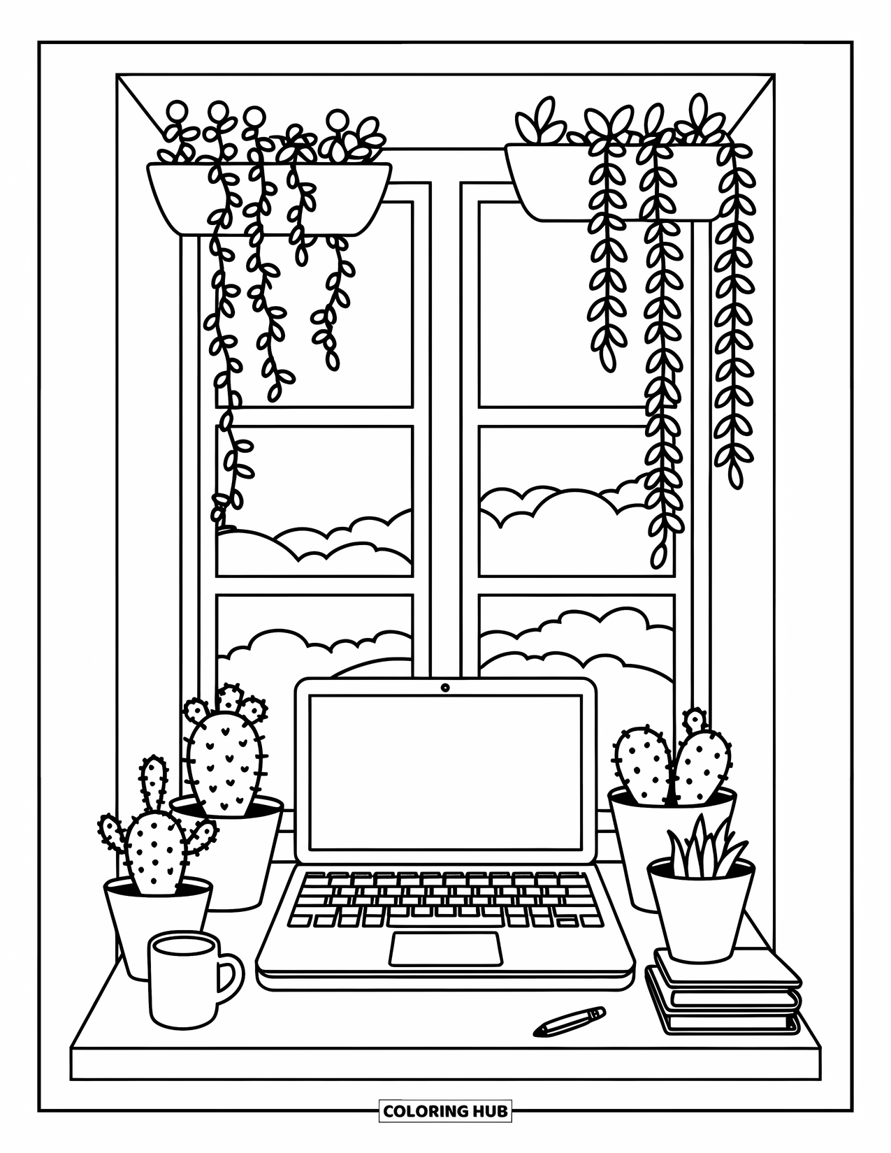 Laptop Coloring Page for Adults: Window workspace with plants, a laptop, and a soft cup of tea