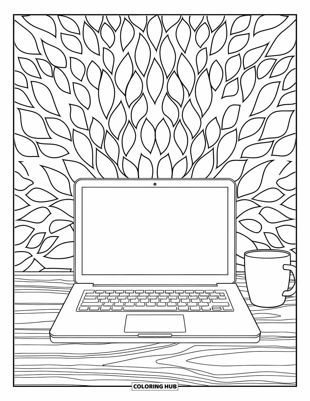 Laptop Coloring Page for Adults: Wooden desk with a closed laptop and coffee mug in a leafy border