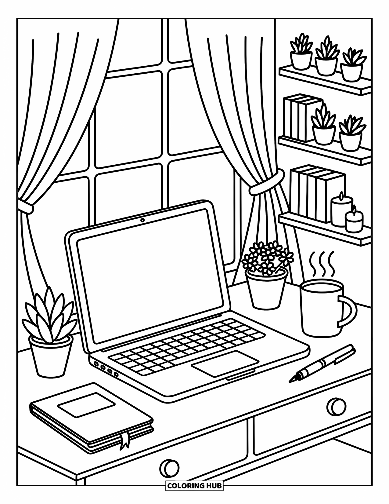 Laptop Coloring Page for Adults: Wooden desk with laptop, shelf decor, and potted plants in a sunny, peaceful room