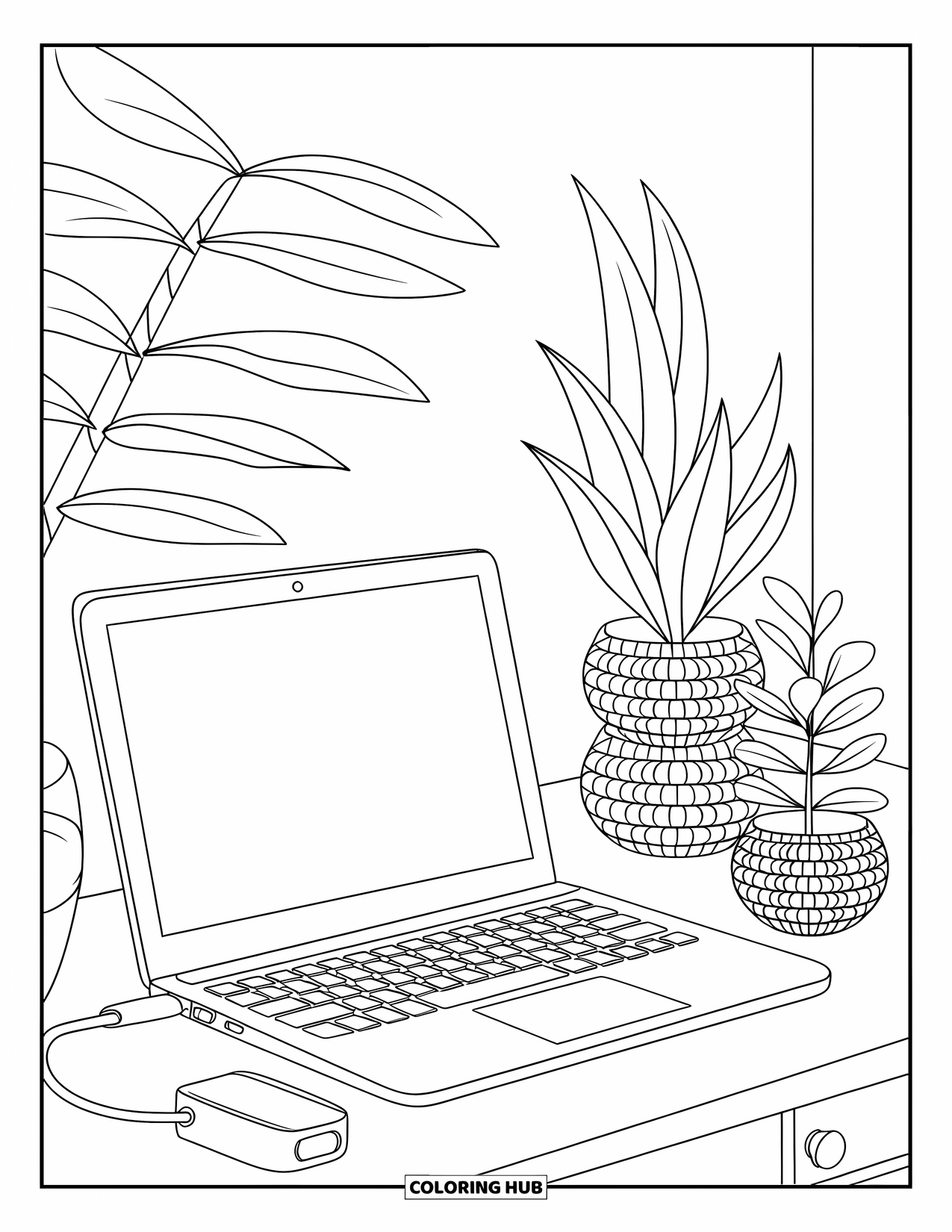 Laptop Coloring Page for Kids: A desk with laptop and plants forms a quiet, organized workspace