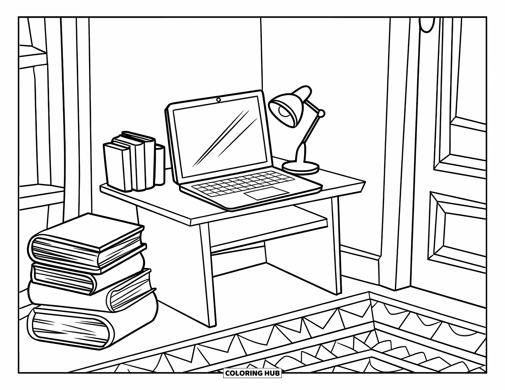 Laptop Coloring Page for Kids: A tiny desk setup with laptop, books, and lamp in a cozy corner