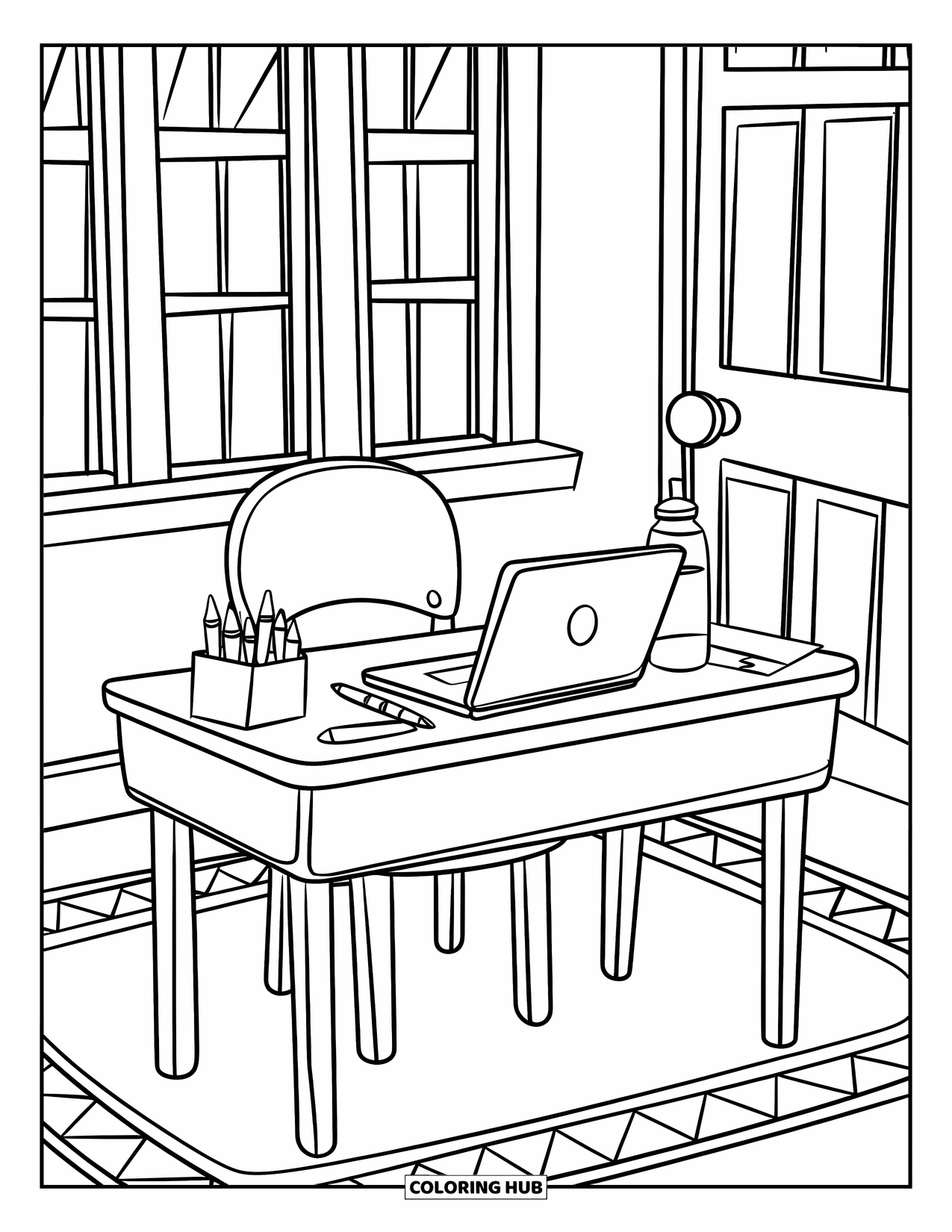 Laptop Coloring Page for Kids: Classroom desk with laptop, crayons, and water bottle near a window