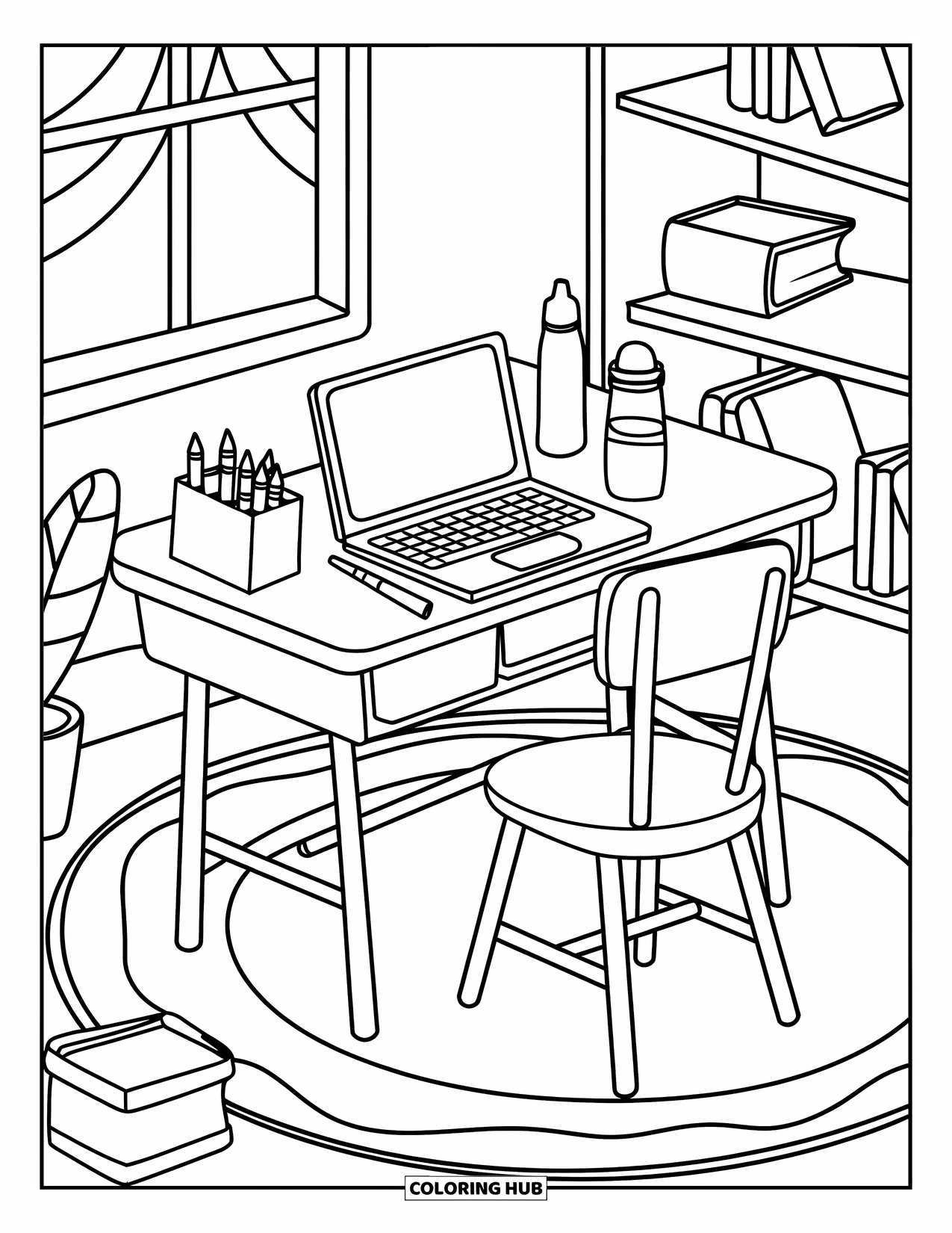 Laptop Coloring Page for Kids: Classroom desk with laptop, crayons, bottle, and shelf toys