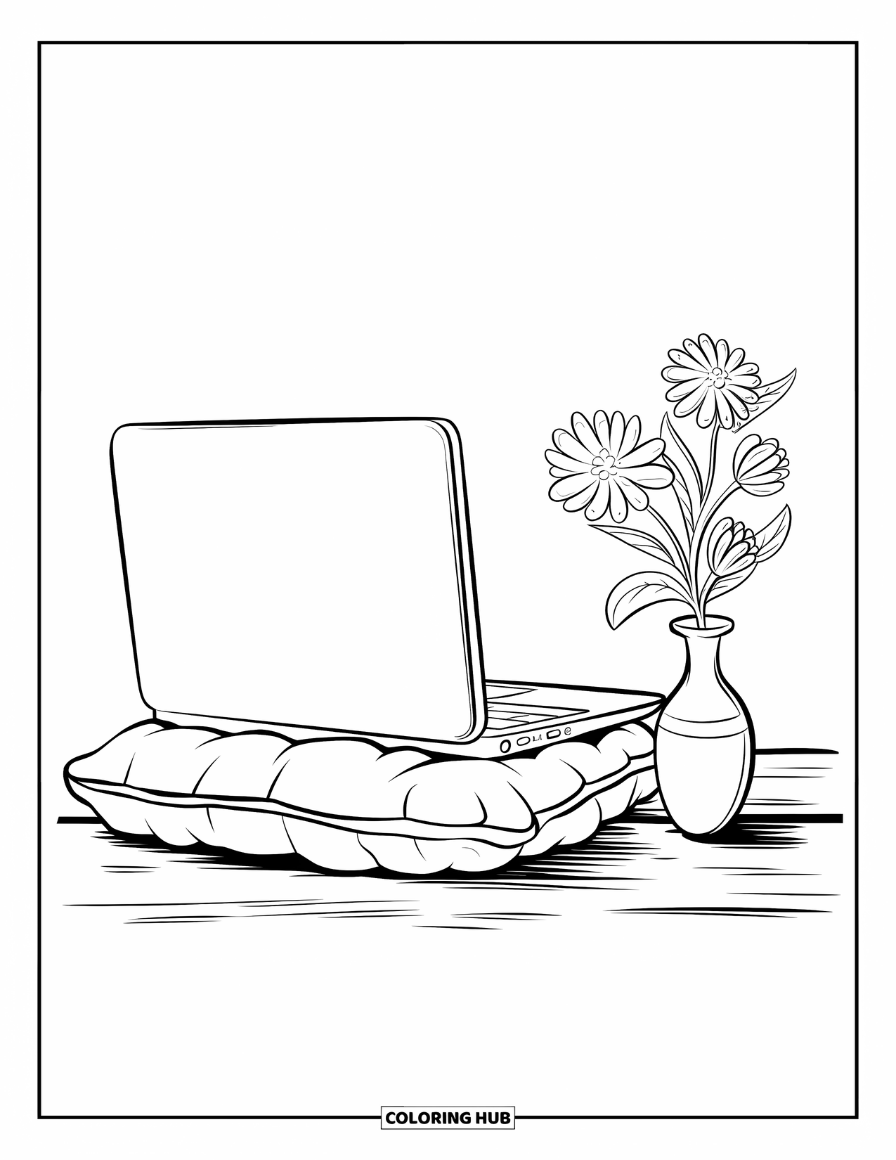 Laptop Coloring Page for Kids: Closed laptop and vase sit on a soft cushion atop a wooden surface