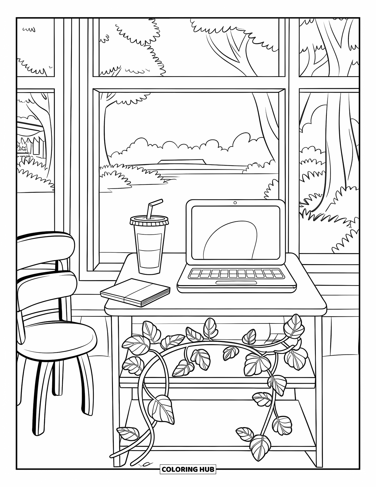 Laptop Coloring Page for Kids: Desk by a window with laptop, notebook, drink, and peaceful view outside