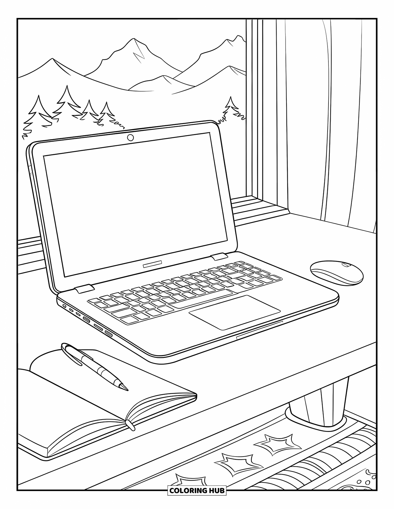 Laptop Coloring Page for Kids: Desk setup with laptop and rug, plus a scenic window view