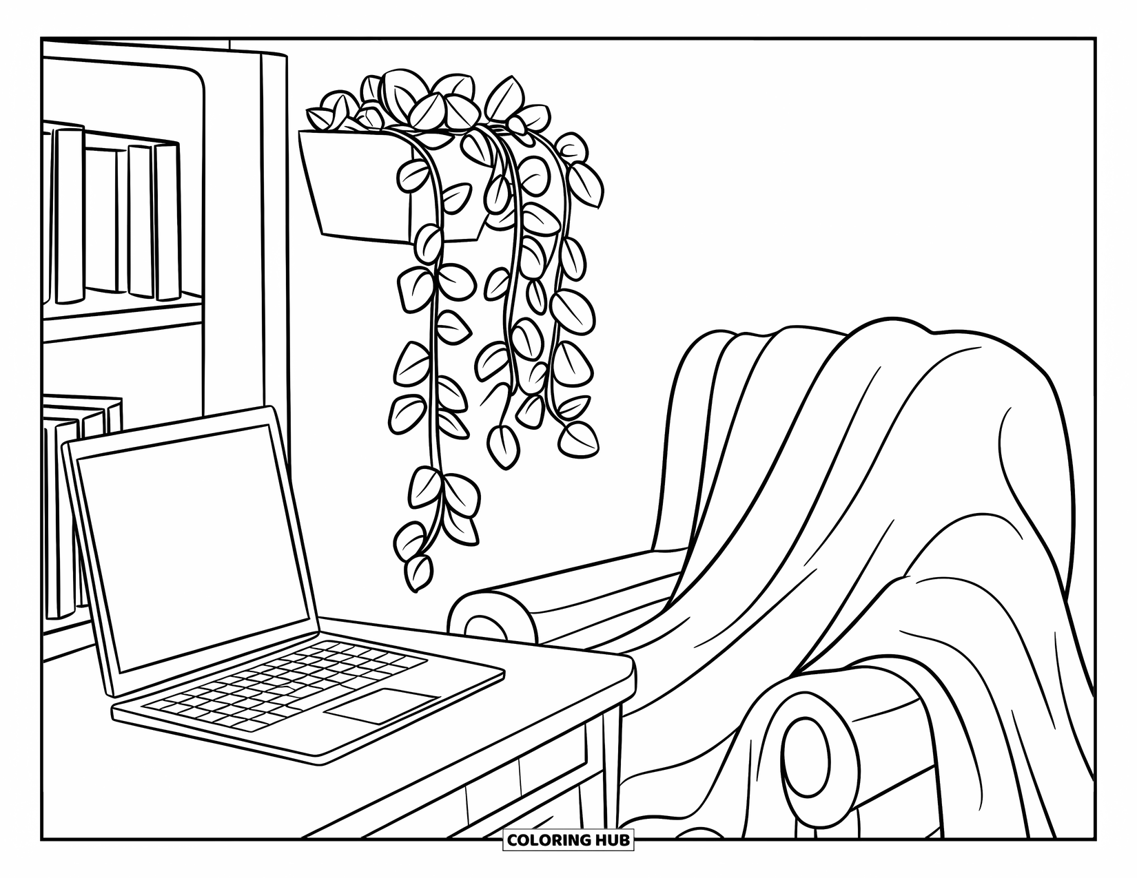 Laptop Coloring Page for Kids: Desk with laptop and blanket near a bookshelf and hanging plant