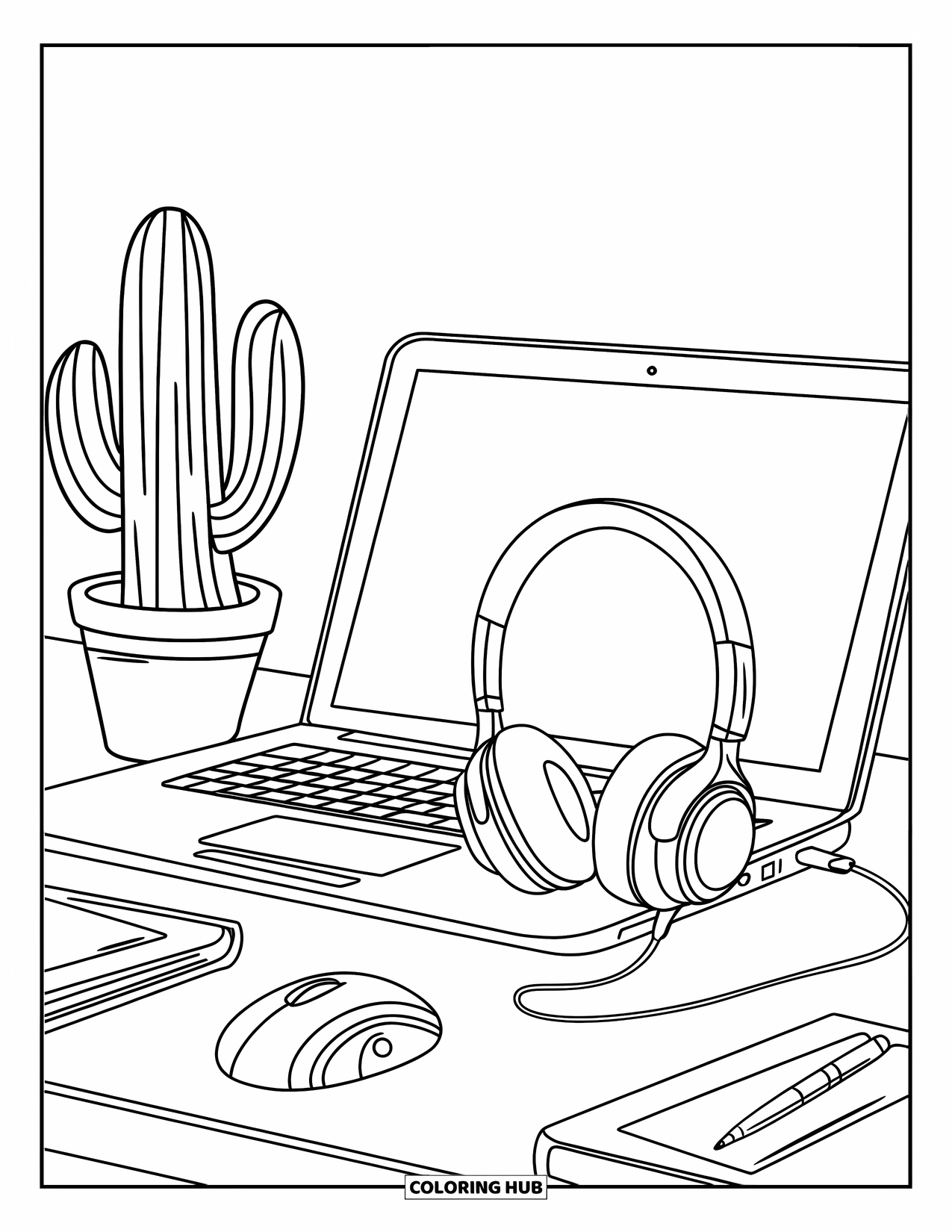 Laptop Coloring Page for Kids: Desk with laptop, headphones, cactus, and a mouse nearby