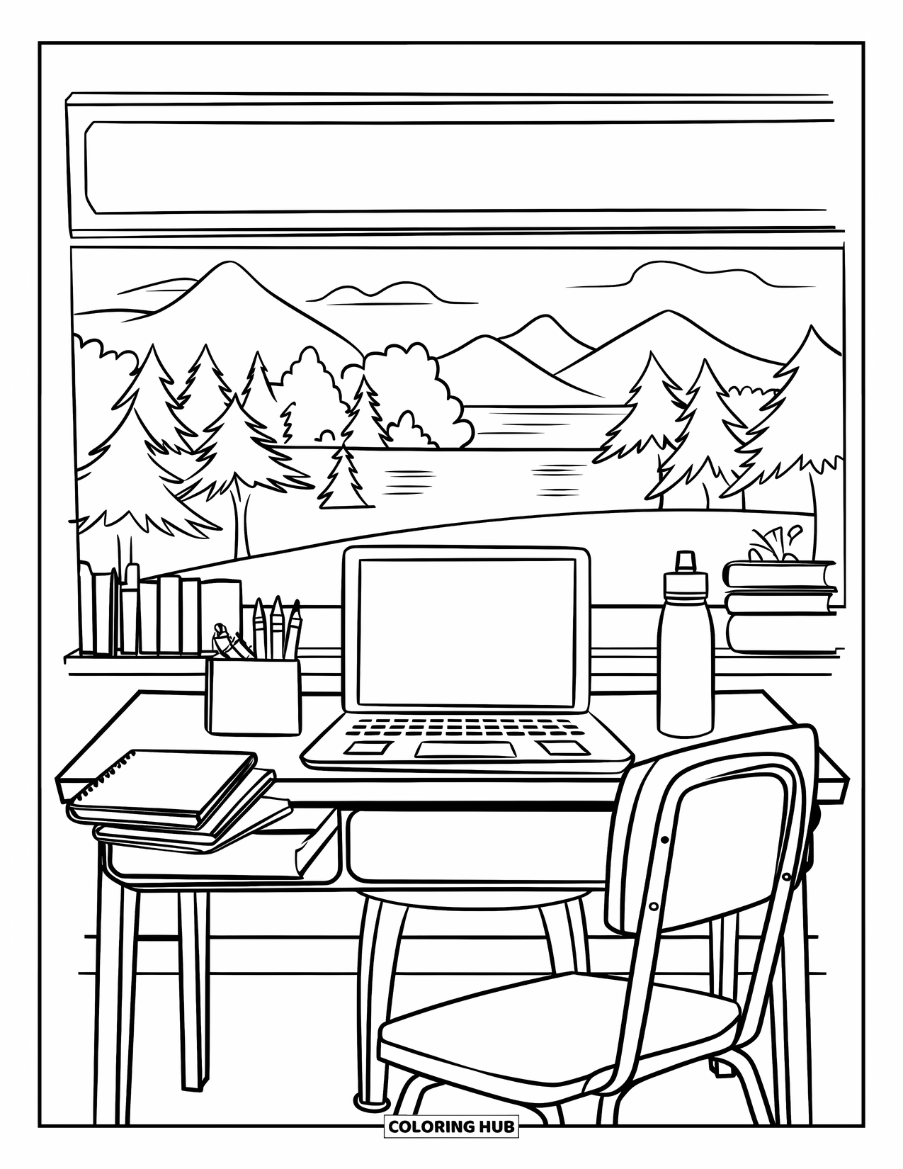 Laptop Coloring Page for Kids: Laptop and crayons on desk near a window with mountains and a whiteboard
