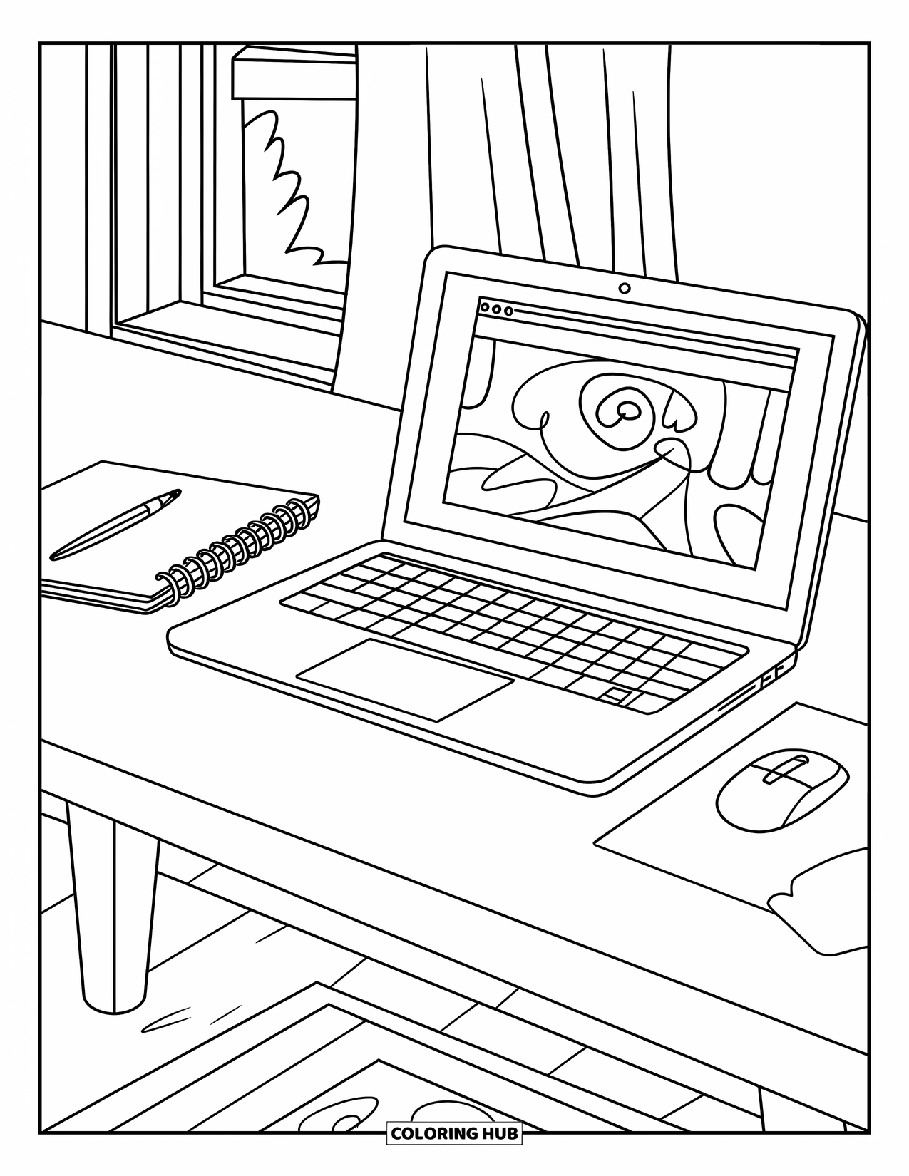 Laptop Coloring Page for Kids: Laptop and notebook sit neatly on a rug near a window