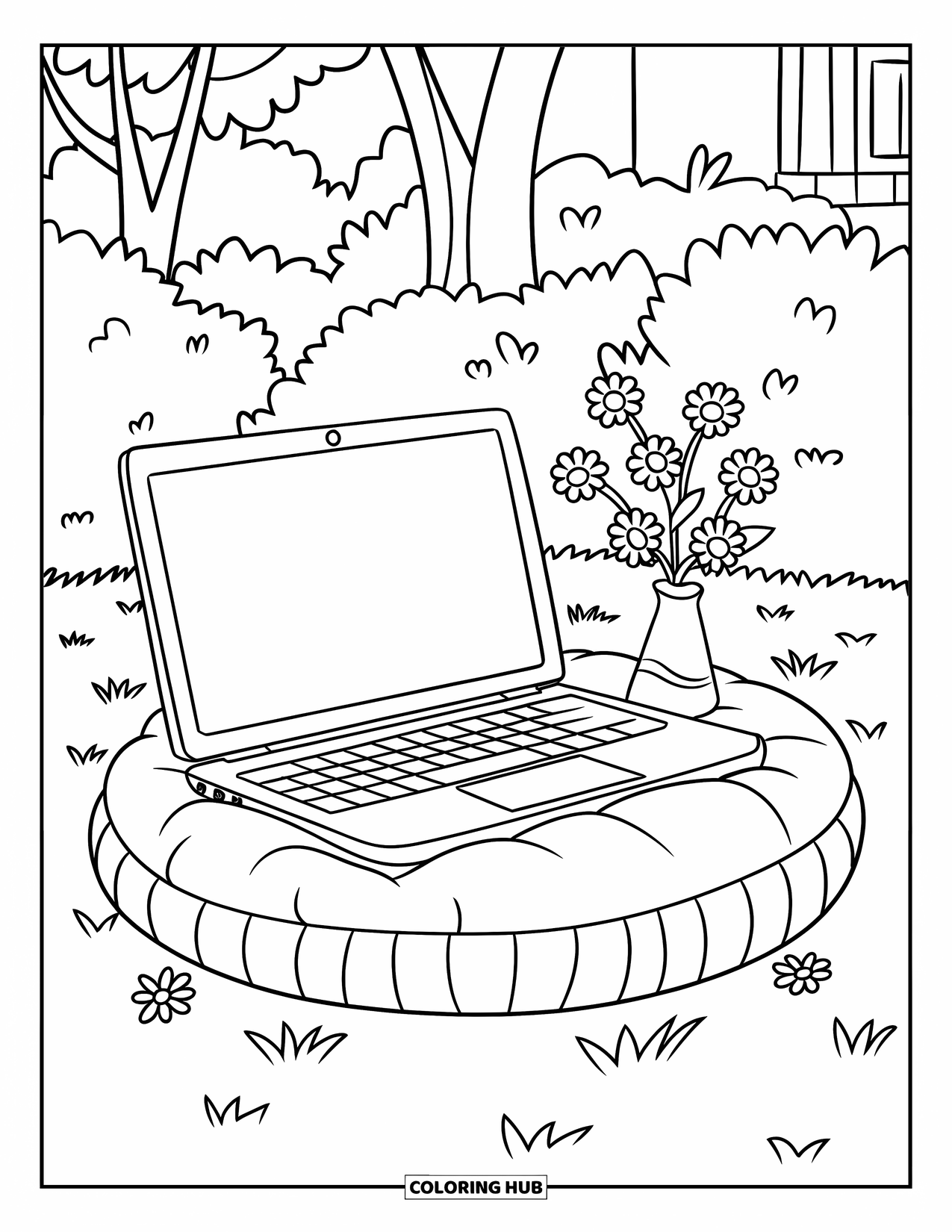 Laptop Coloring Page for Kids: Laptop and vase rest on a cushion in a garden with trees and flowers