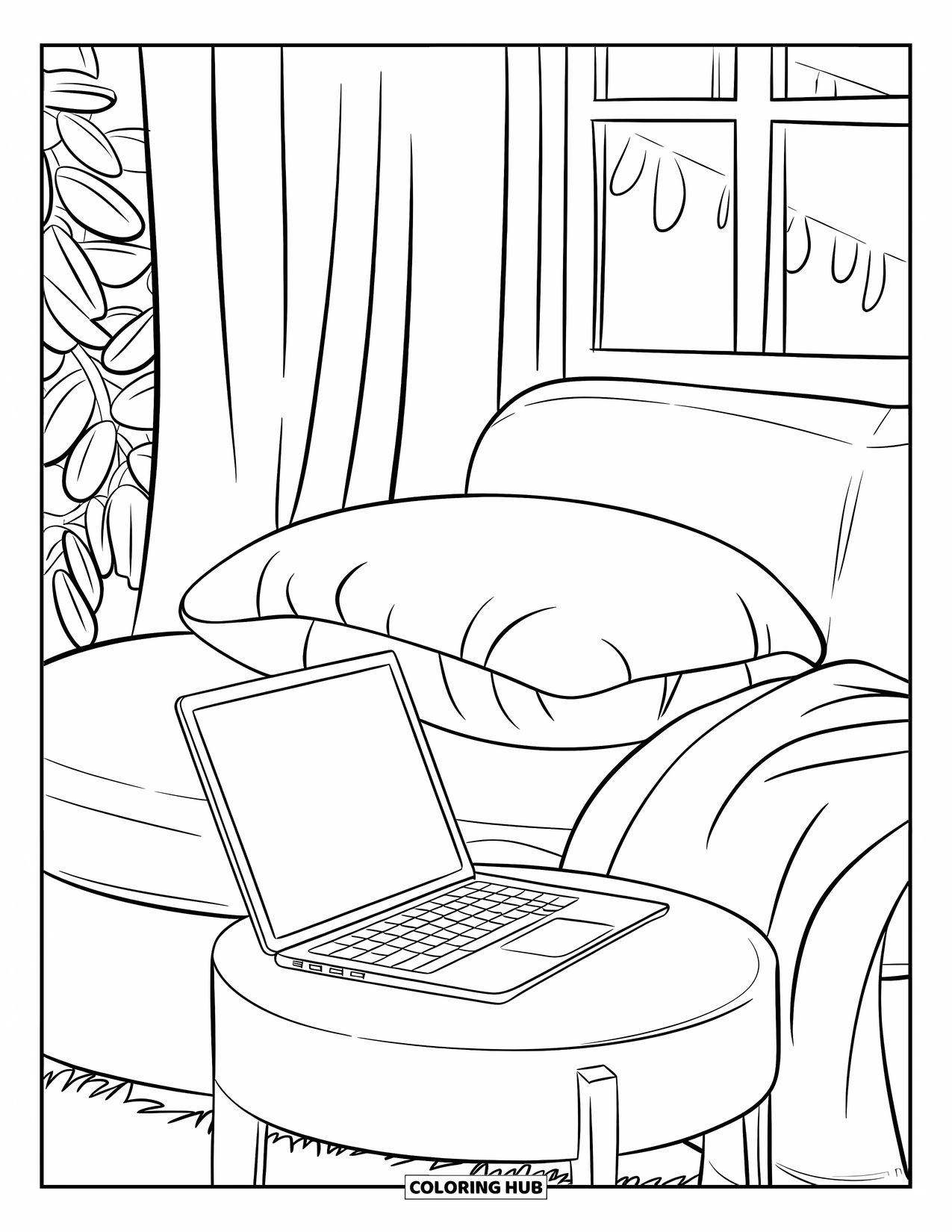 Laptop Coloring Page for Kids: Laptop near blanket and pillow in a cozy room with curtains and a plant