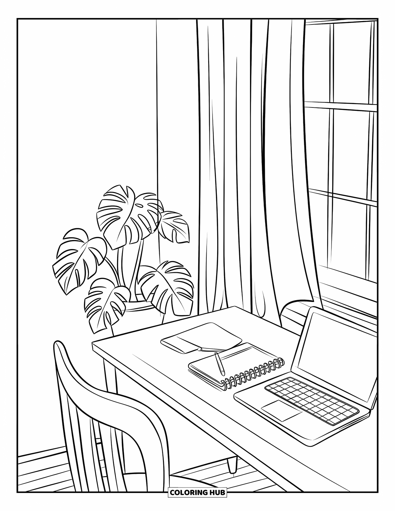 Laptop Coloring Page for Kids: Laptop, planner, and monstera plant near a curtained window in a cozy room