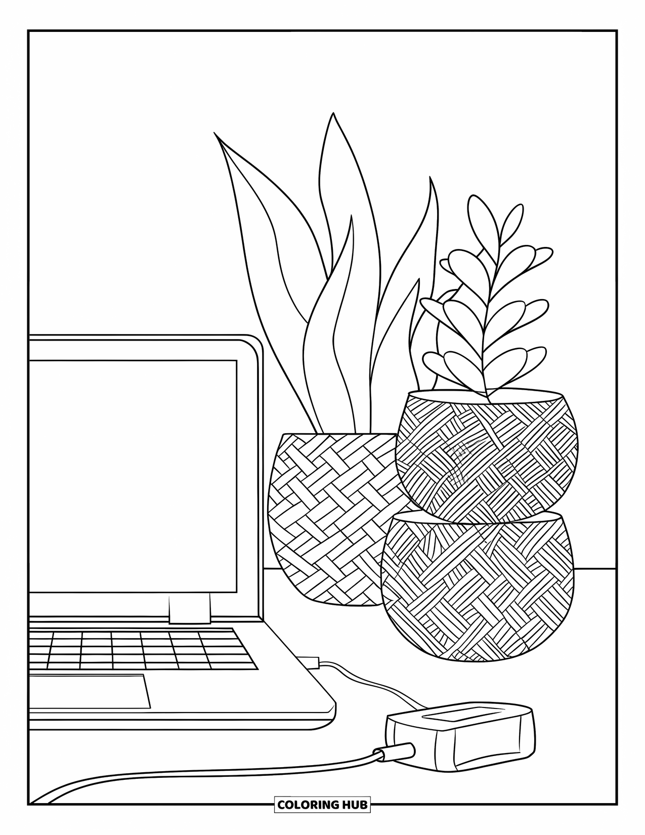 Laptop Coloring Page for Kids: Laptop setup with charger and woven pots creates a peaceful tech corner