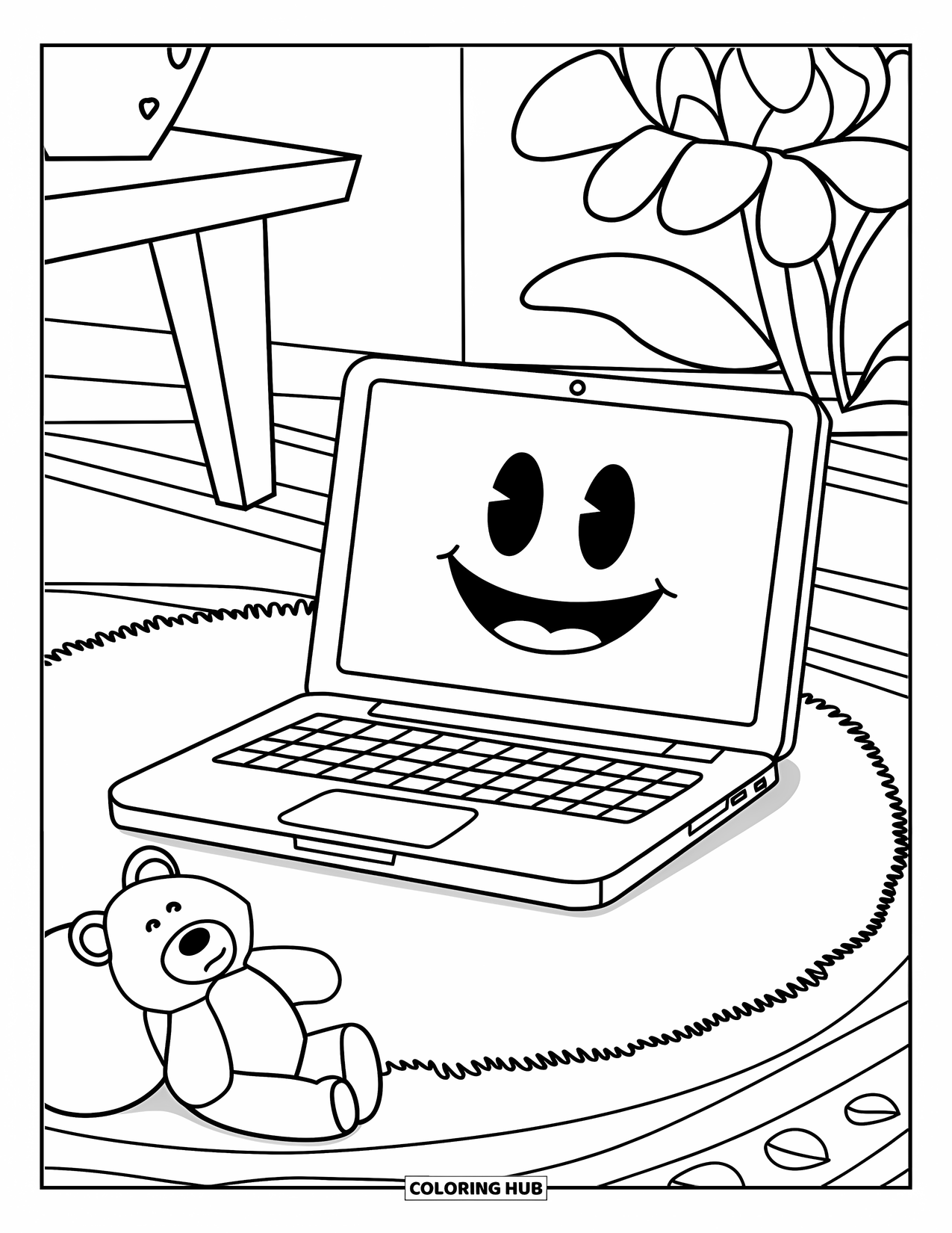 Laptop Coloring Page for Kids: Laptop with a happy face and stuffed bear on a rug near a flower pot