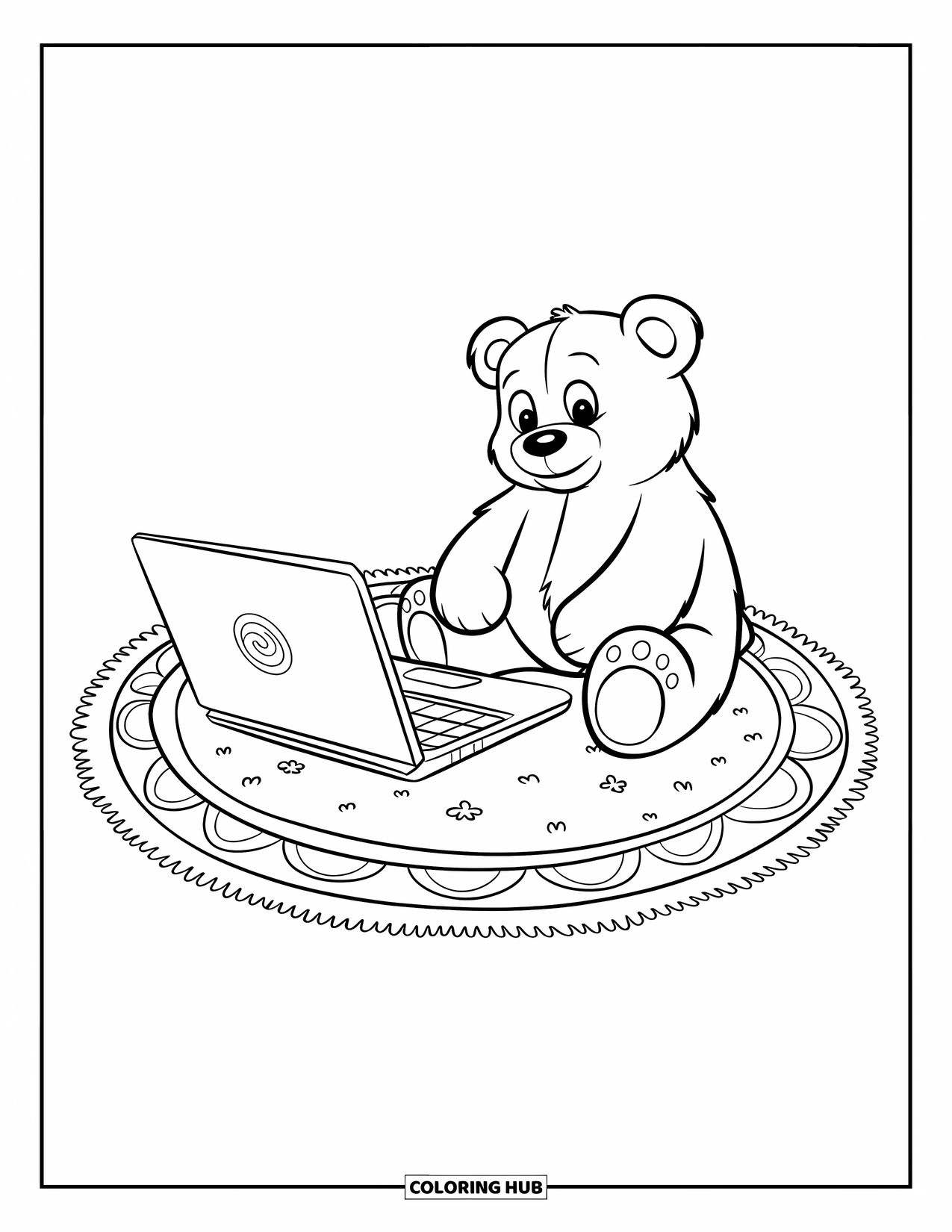 Laptop Coloring Page for Kids: Laptop with a smile sits on a floral rug with a stuffed bear nearby