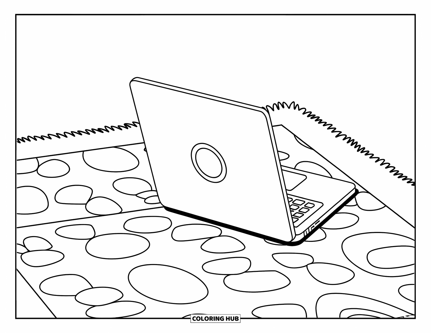 Laptop Coloring Page for Kids: Laptop with circle logo sits on a fluffy rug with playful round shapes