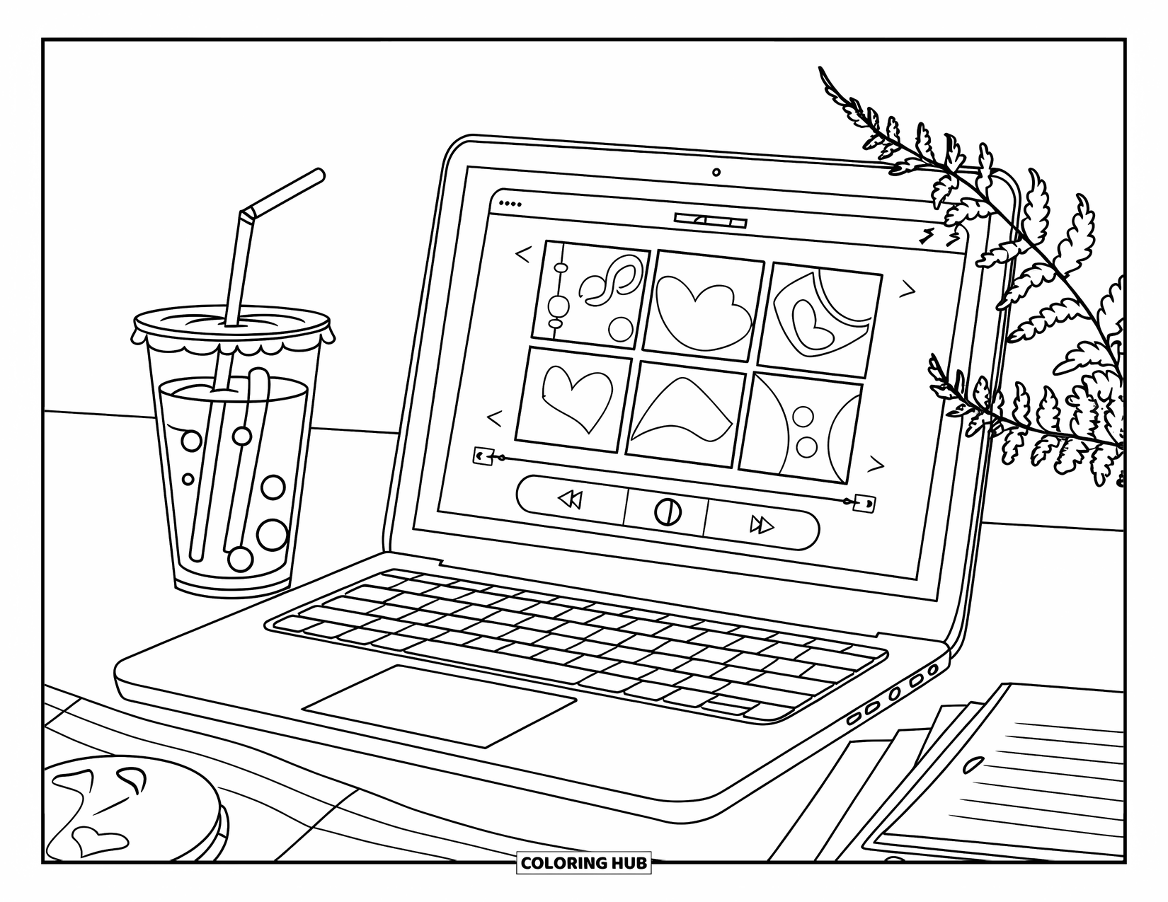Laptop Coloring Page for Kids: Laptop with music app, iced drink, and a little fern pot