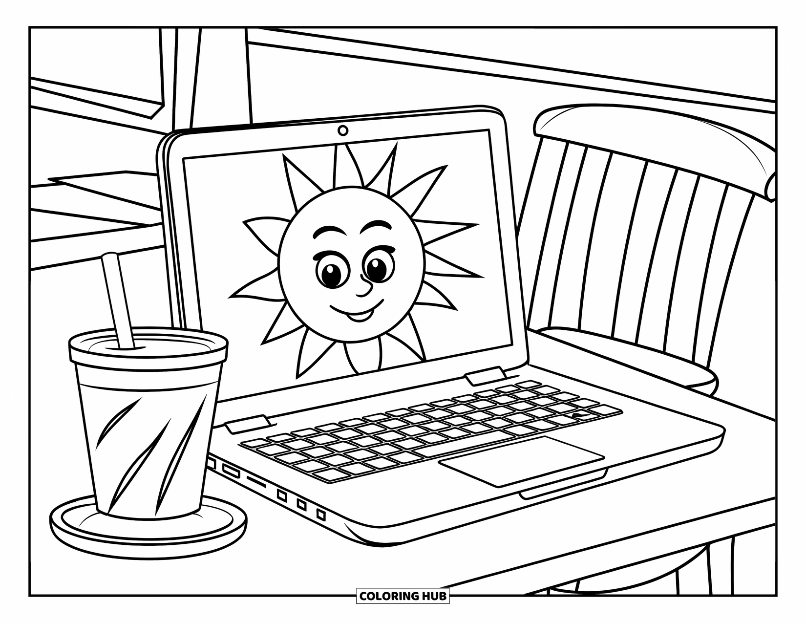 Laptop Coloring Page for Kids: Laptop with sun screen sits near a warm drink and cozy chair