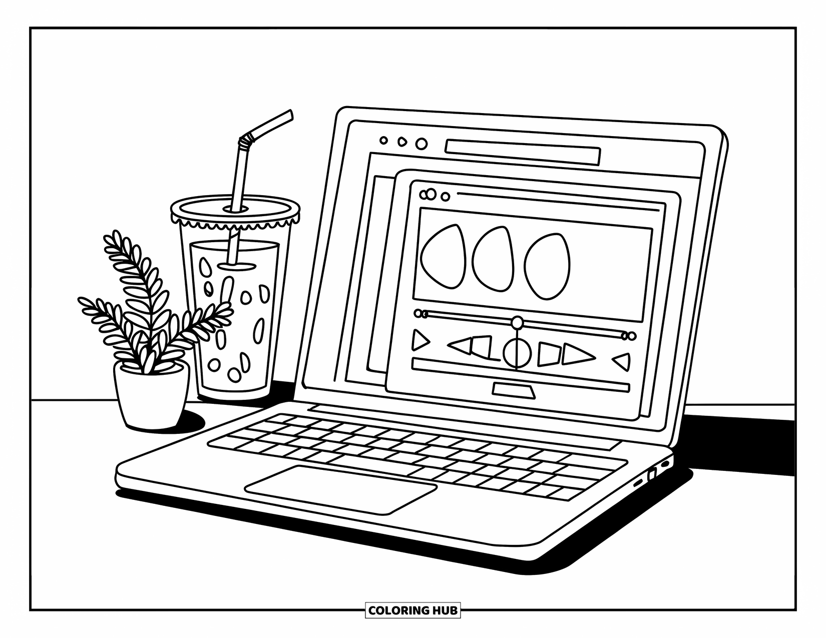 Laptop Coloring Page for Kids: Music app plays on a laptop beside an iced drink and fern