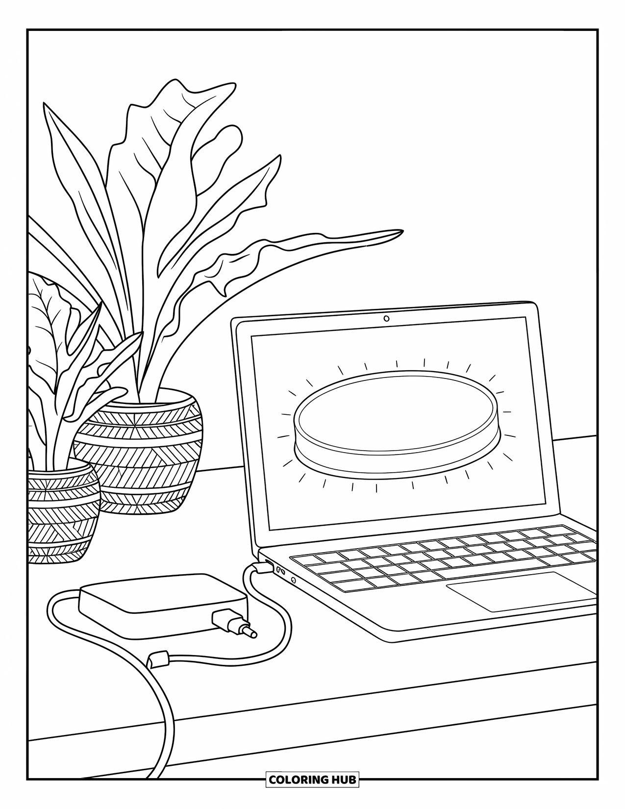 Laptop Coloring Page for Kids: Peaceful workspace with glowing laptop and stacked plants in woven pots