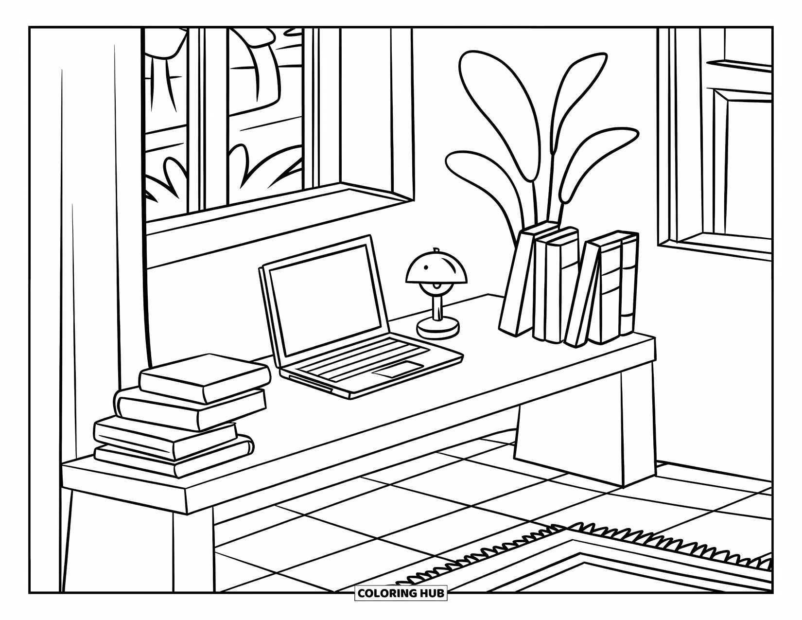 Laptop Coloring Page for Kids: Study corner with laptop, books, plant, and tiny desk lamp