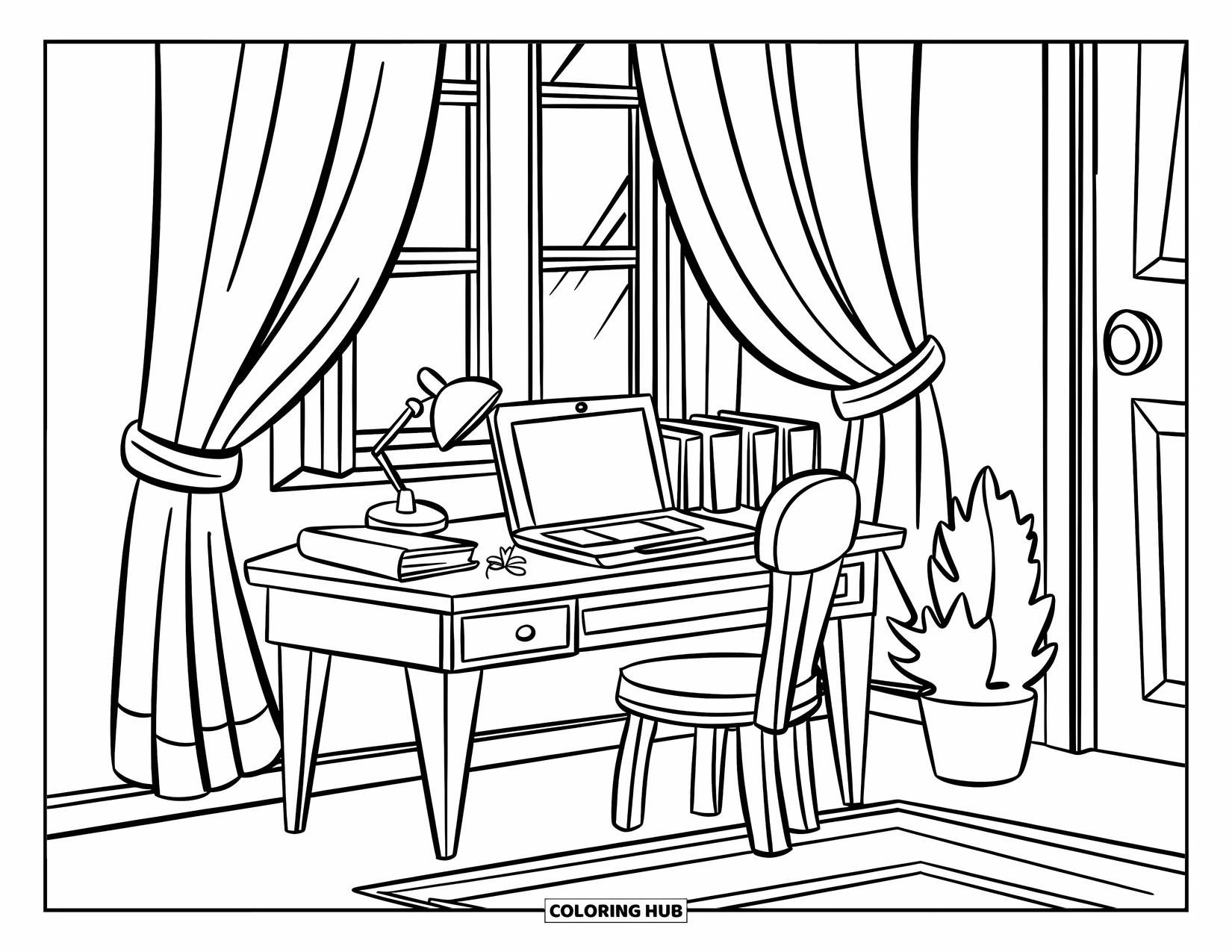 Laptop Coloring Page for Kids: Study nook with laptop and books near a plant and curtained window