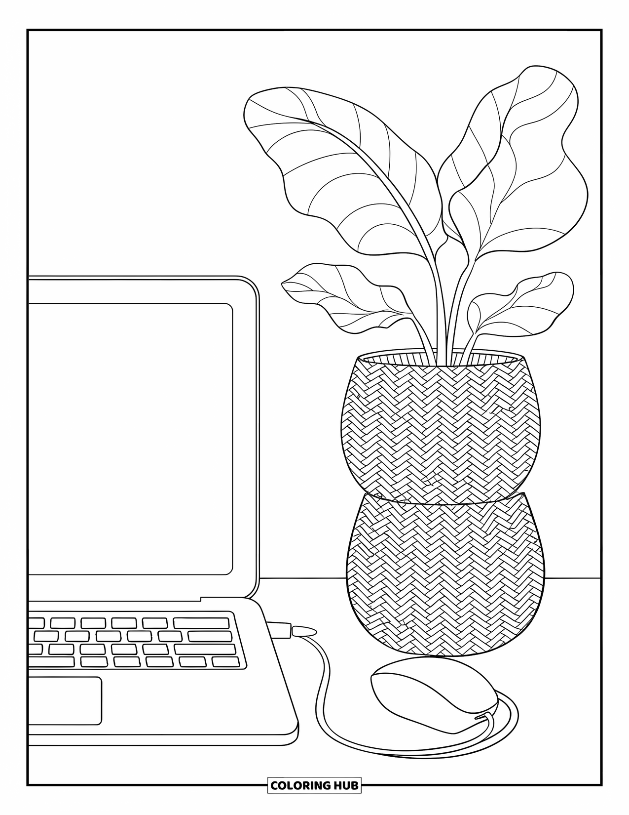 Laptop Coloring Page for Kids: Tech corner with laptop, charger, and two stacked plants in woven pots