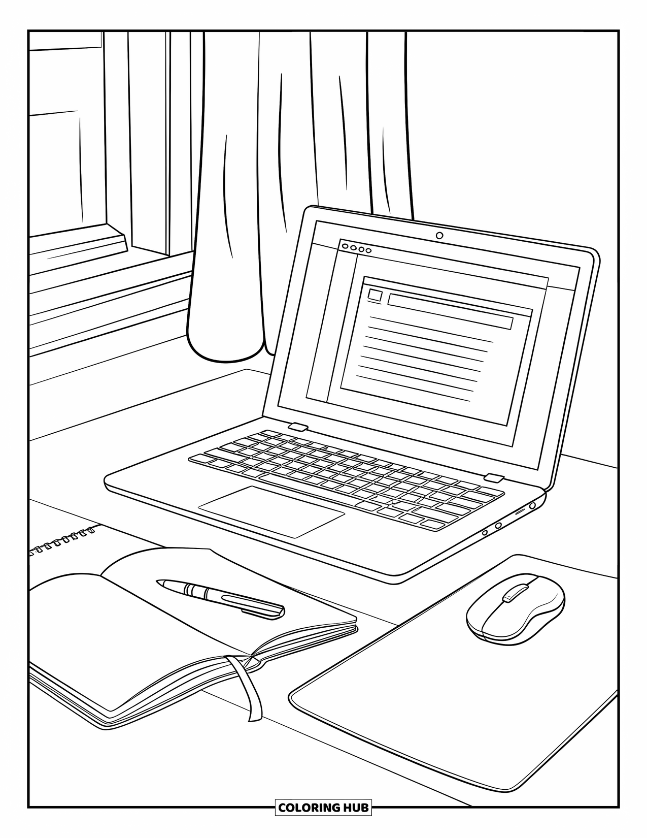 Laptop Coloring Page for Kids: Tidy desk with a laptop, notebook, pen, and mouse near a curtained window