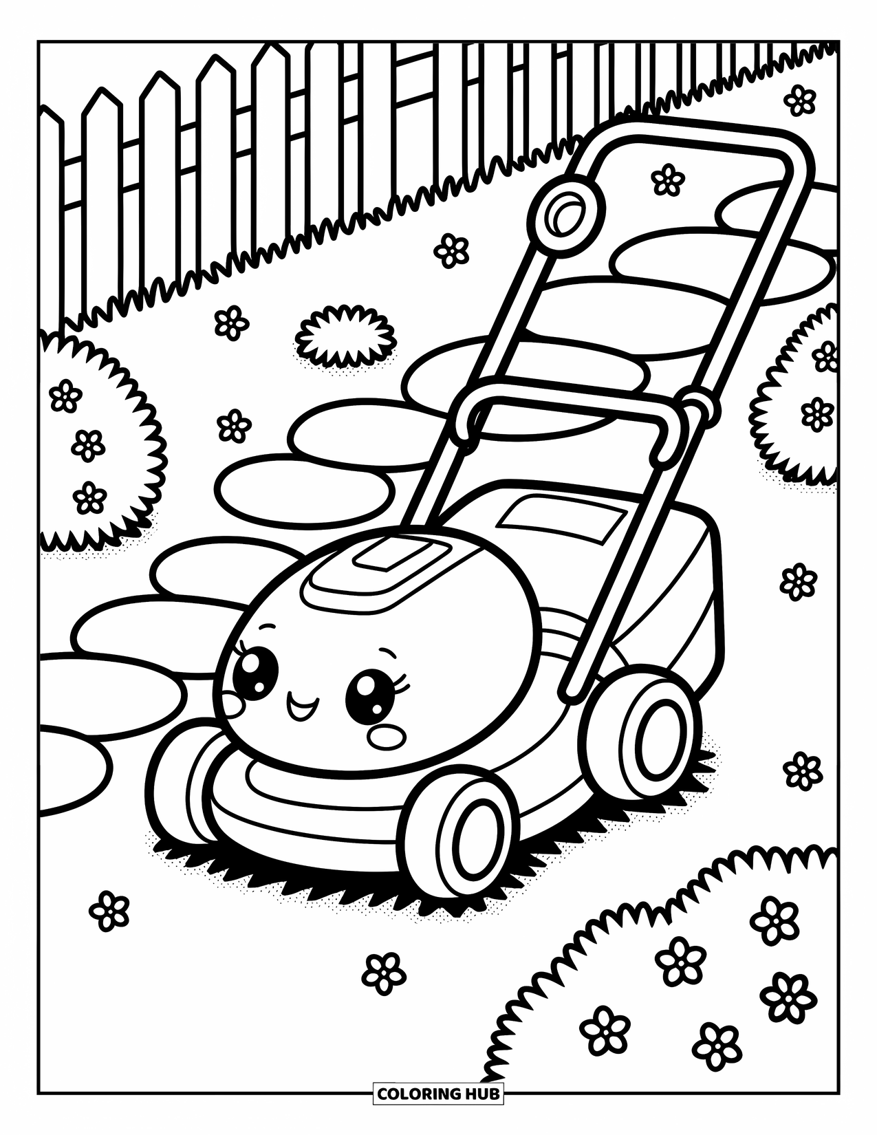 Lawn Mower Coloring Page for Adults: A cheerful mower rests near bushes and leaves beside a garden path