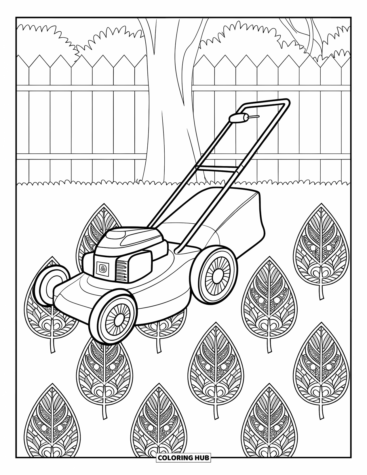 Lawn Mower Coloring Page for Adults: A front yard scene with a push mower and detailed mandala leaves by a tree and fence