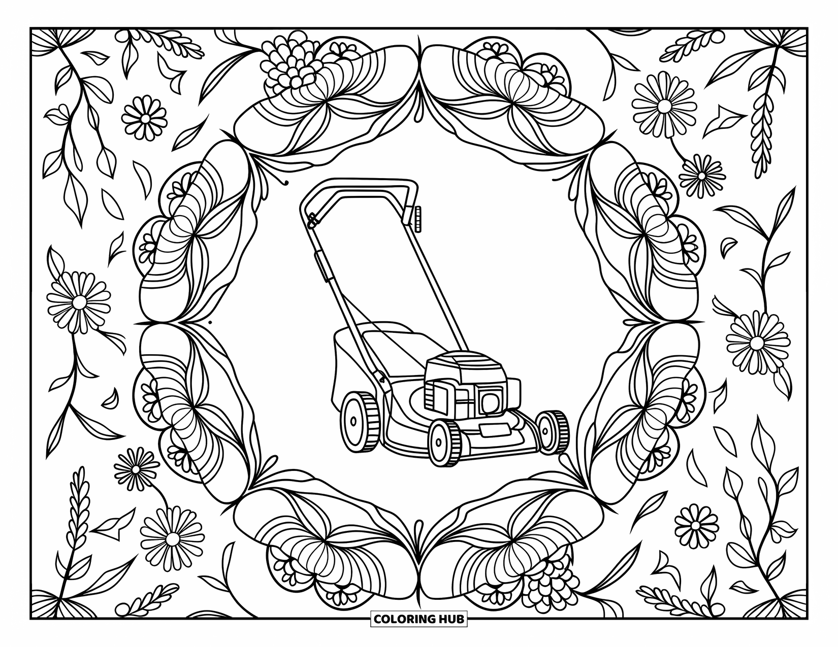 Lawn Mower Coloring Page for Adults: A full-view lawn mower surrounded by flowers, leaves, and detailed mandala patterns