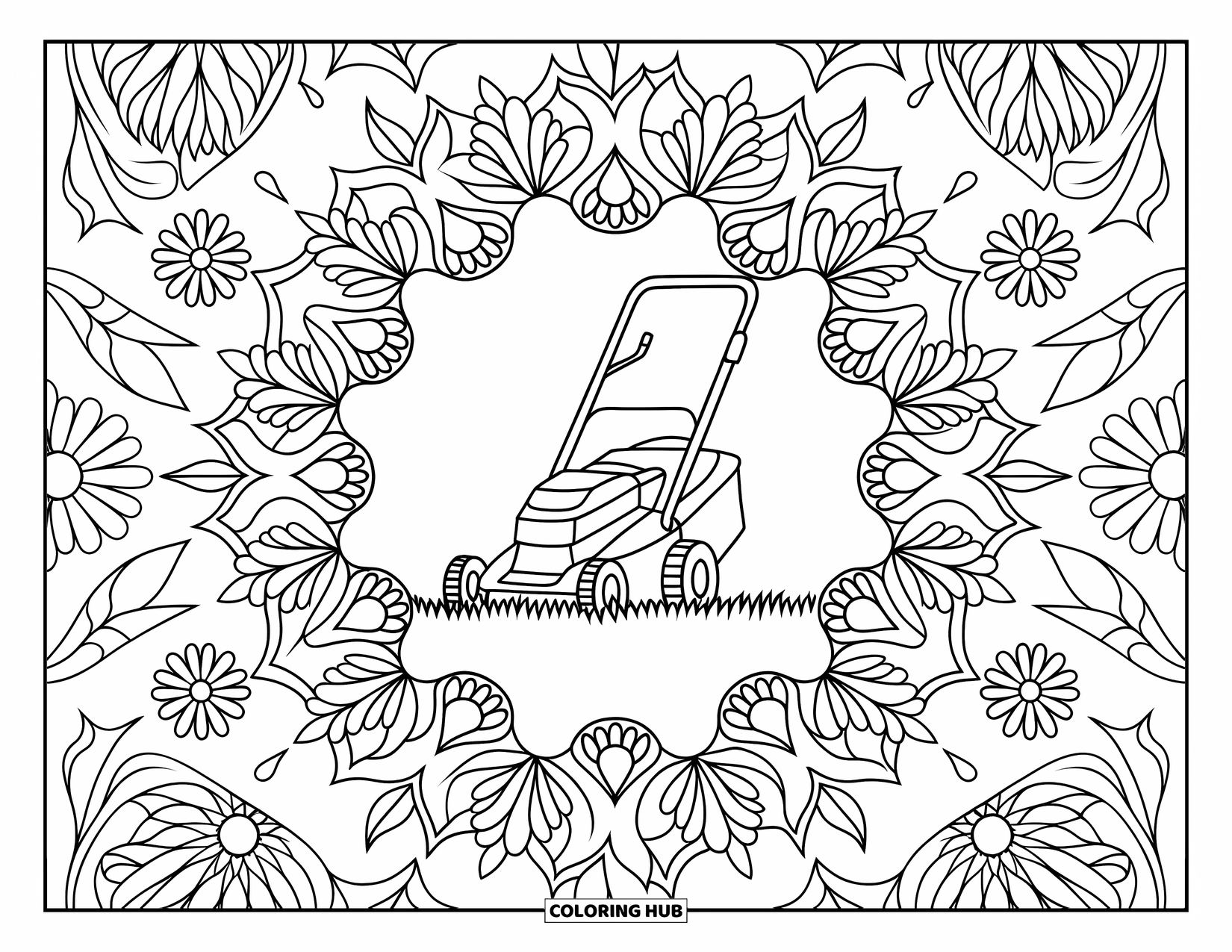 Lawn Mower Coloring Page for Adults: A lawn mower rests on a grassy field framed by floral and leafy mandala designs