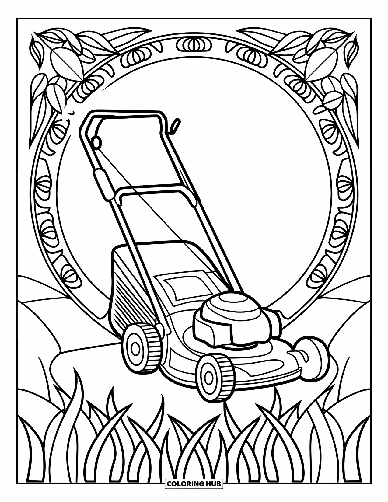 Lawn Mower Coloring Page for Adults: A lawn mower sits inside a circle surrounded by patterned grass and a garden border