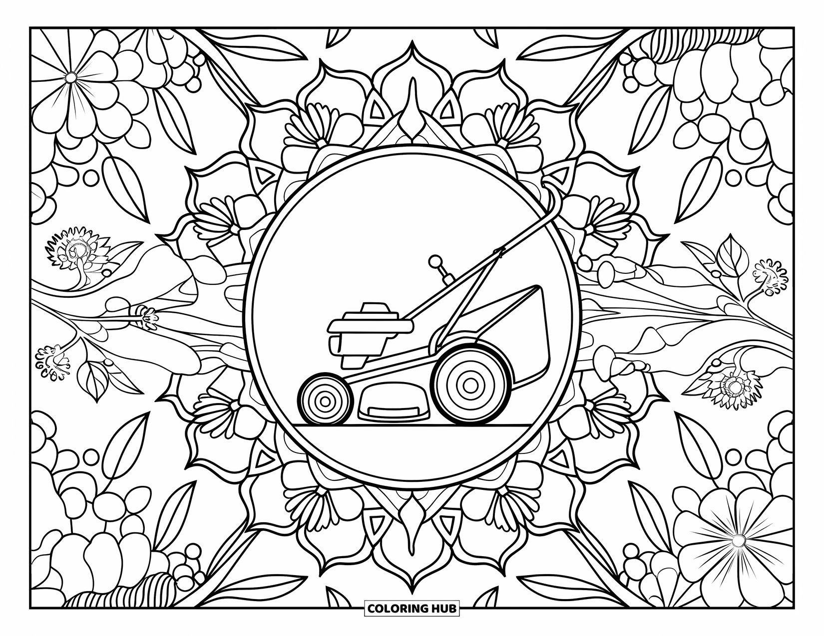 Lawn Mower Coloring Page for Adults: A lawn mower with bold details is framed by flowers, vines, and symmetrical mandala patterns