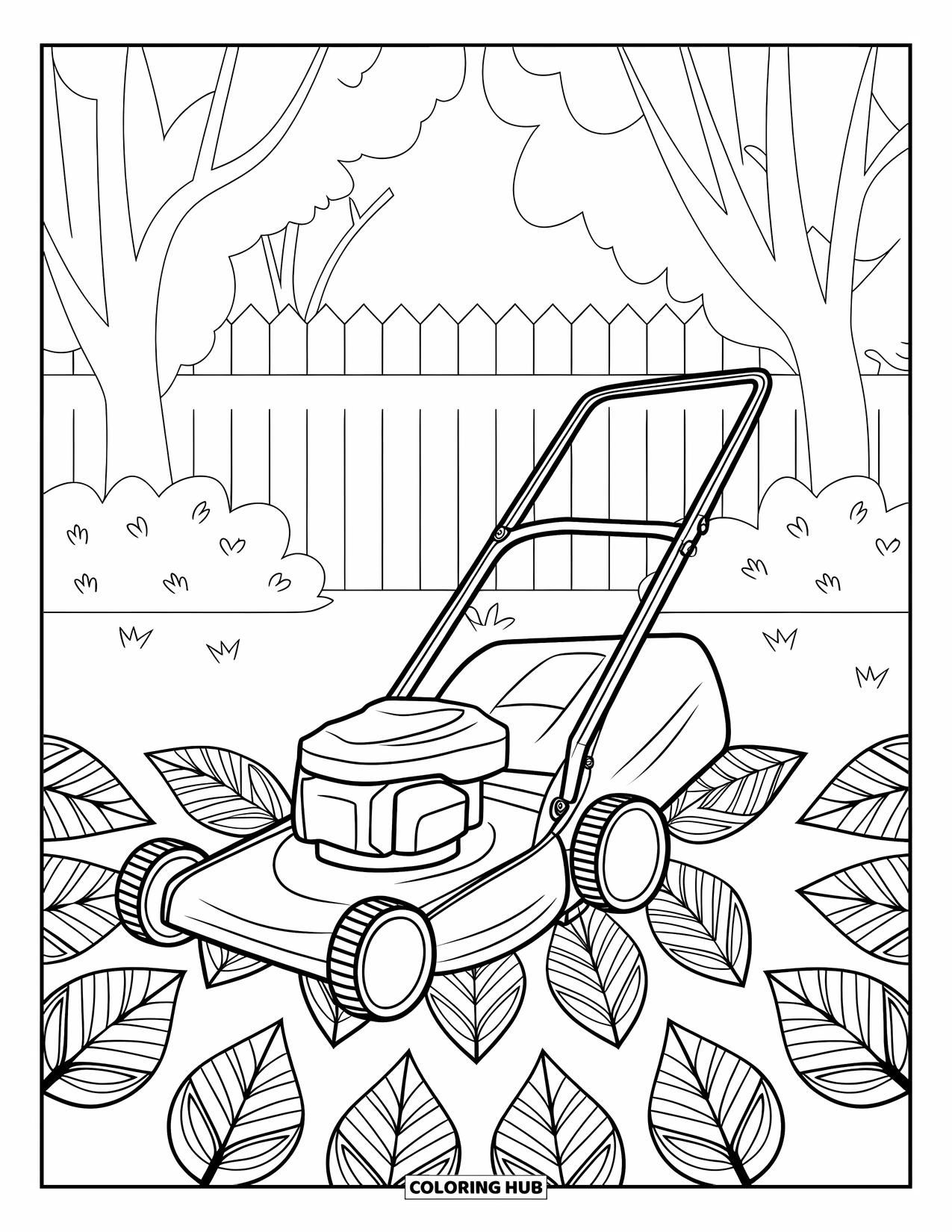 Lawn Mower Coloring Page for Adults: A push mower is surrounded by patterned mandala leaves and trees in a cozy yard