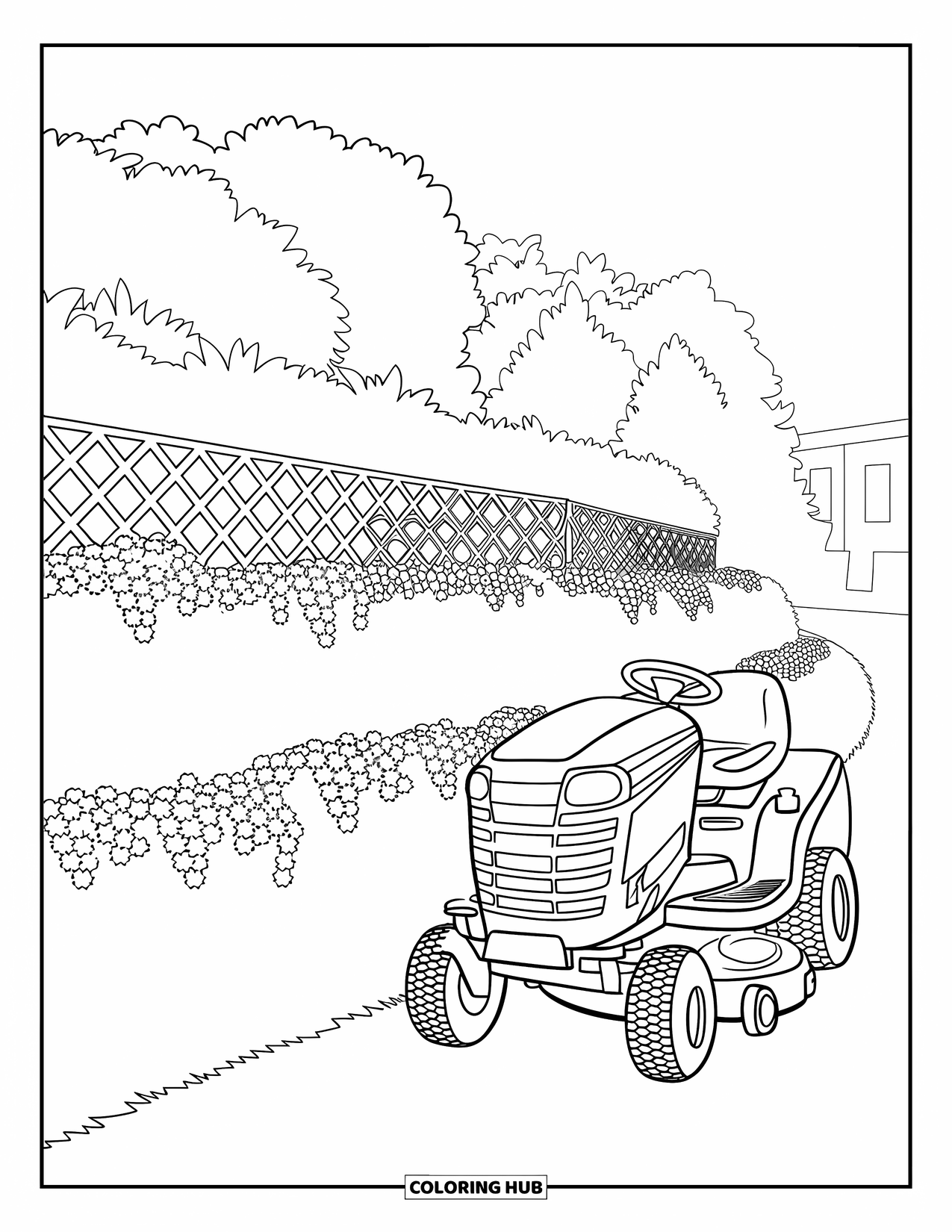 Lawn Mower Coloring Page for Adults: A ride-on mower is parked beside a flowerbed and trellis with plants and trees around