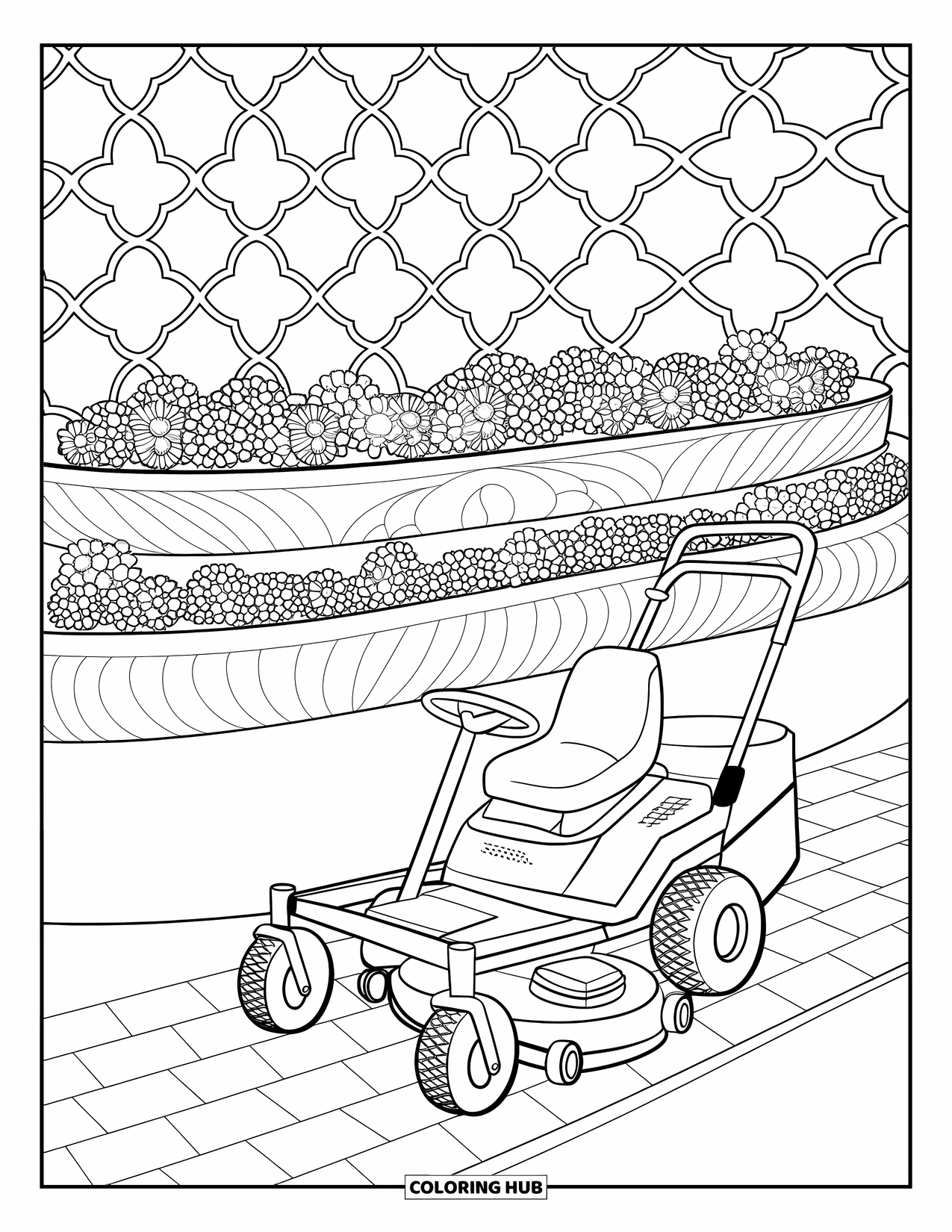Lawn Mower Coloring Page for Adults: A ride-on mower is parked on a paved path next to tiered flowers and a patterned trellis