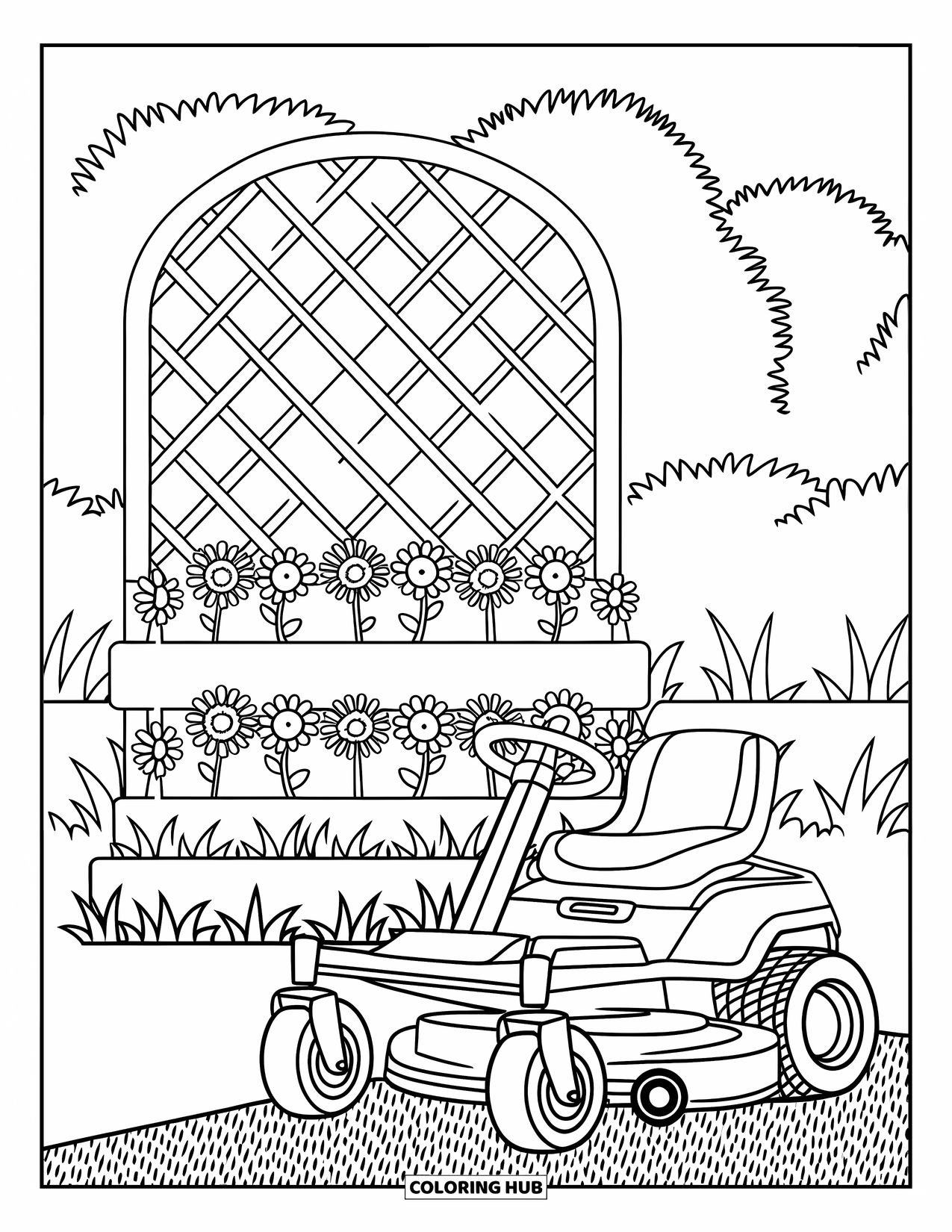 Lawn Mower Coloring Page for Adults: A ride-on mower rests beside layered flower beds and a lattice trellis in a green field