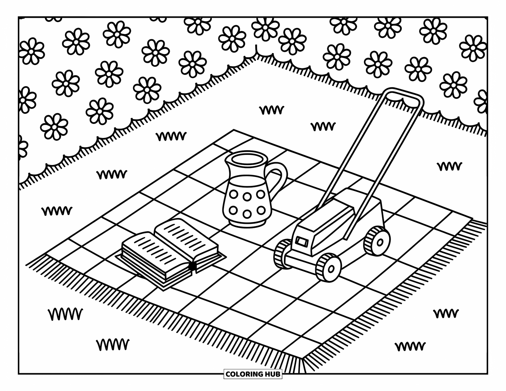 Lawn Mower Coloring Page for Adults: A toy-sized mower rests by a hedge with a blanket, book, and scattered petals