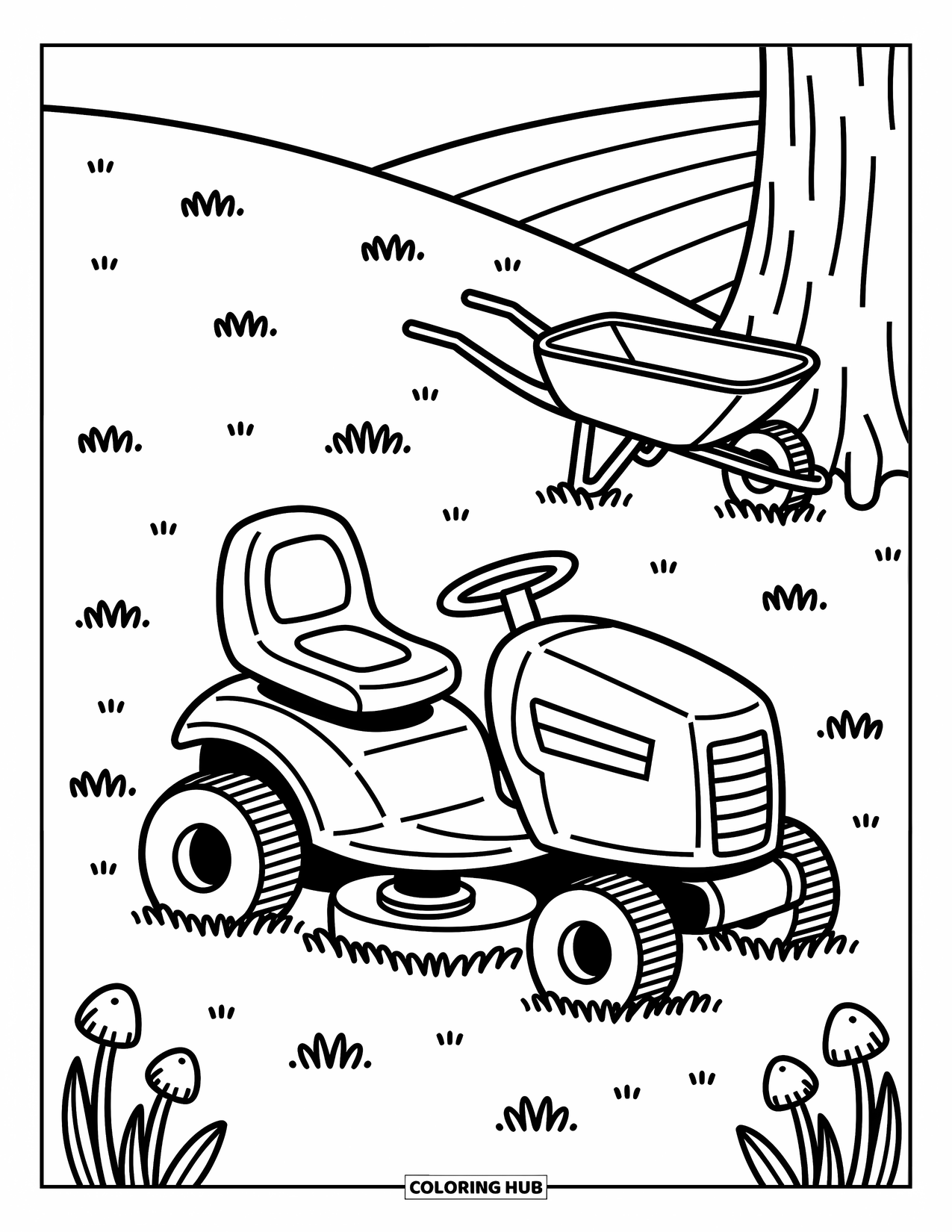 Lawn Mower Coloring Page for Adults: A wheelbarrow leans on a tree beside a mower resting in a peaceful grassy field