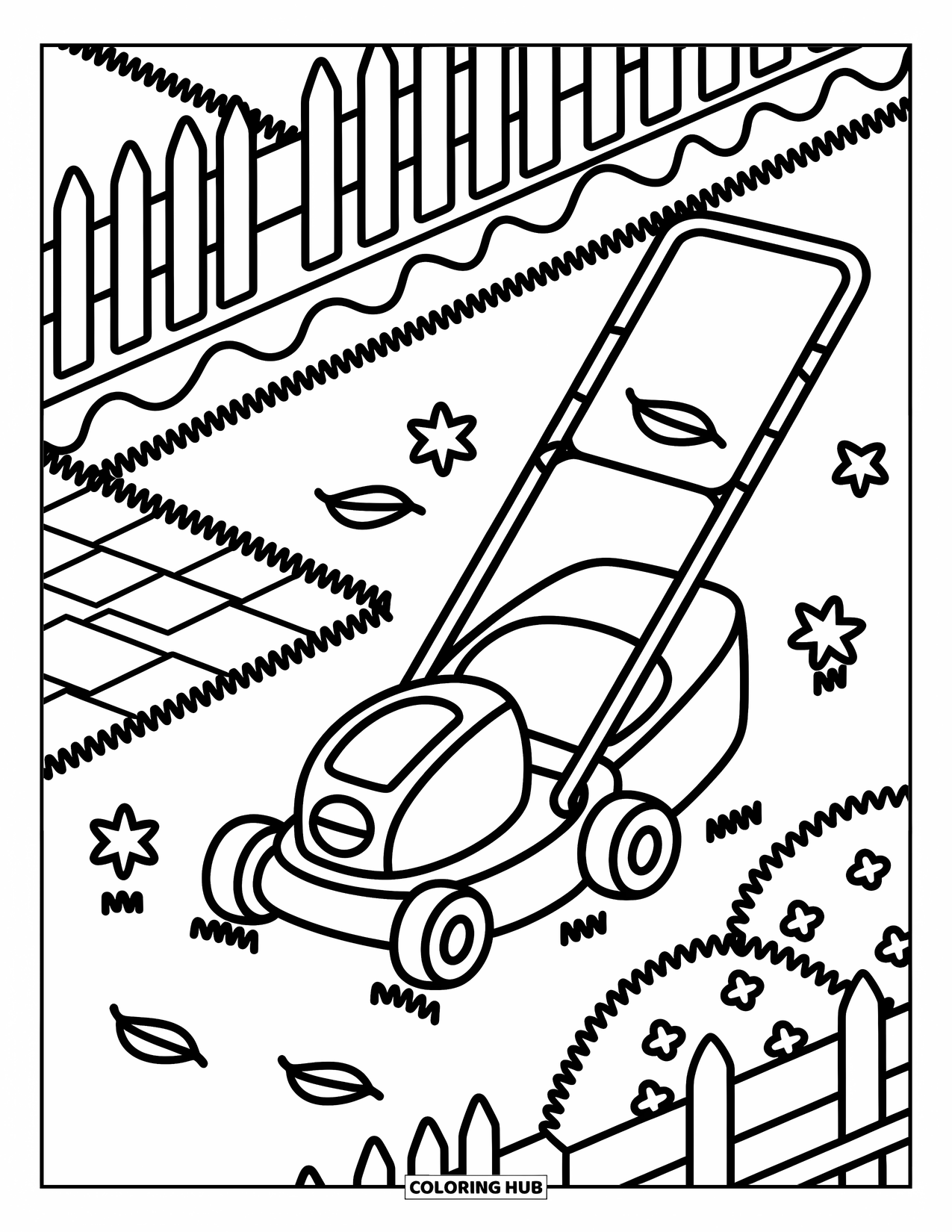 Lawn Mower Coloring Page for Adults: Freshly cut yard with a cute mower, stone trail, and tiny flowering bushes