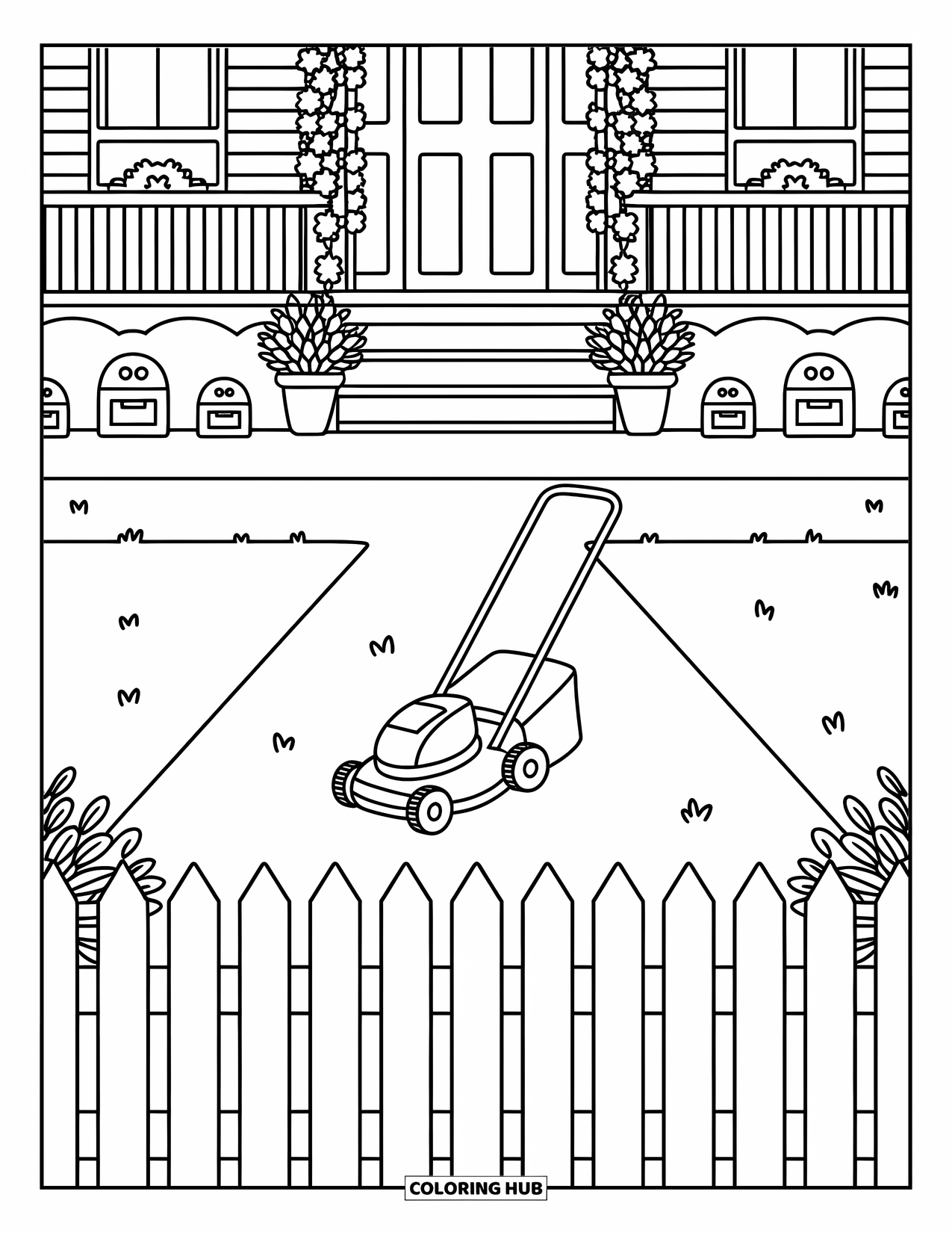 Lawn Mower Coloring Page for Adults: Lawn mower crosses a trimmed yard, framed by plants, mailboxes, and a sweet porch