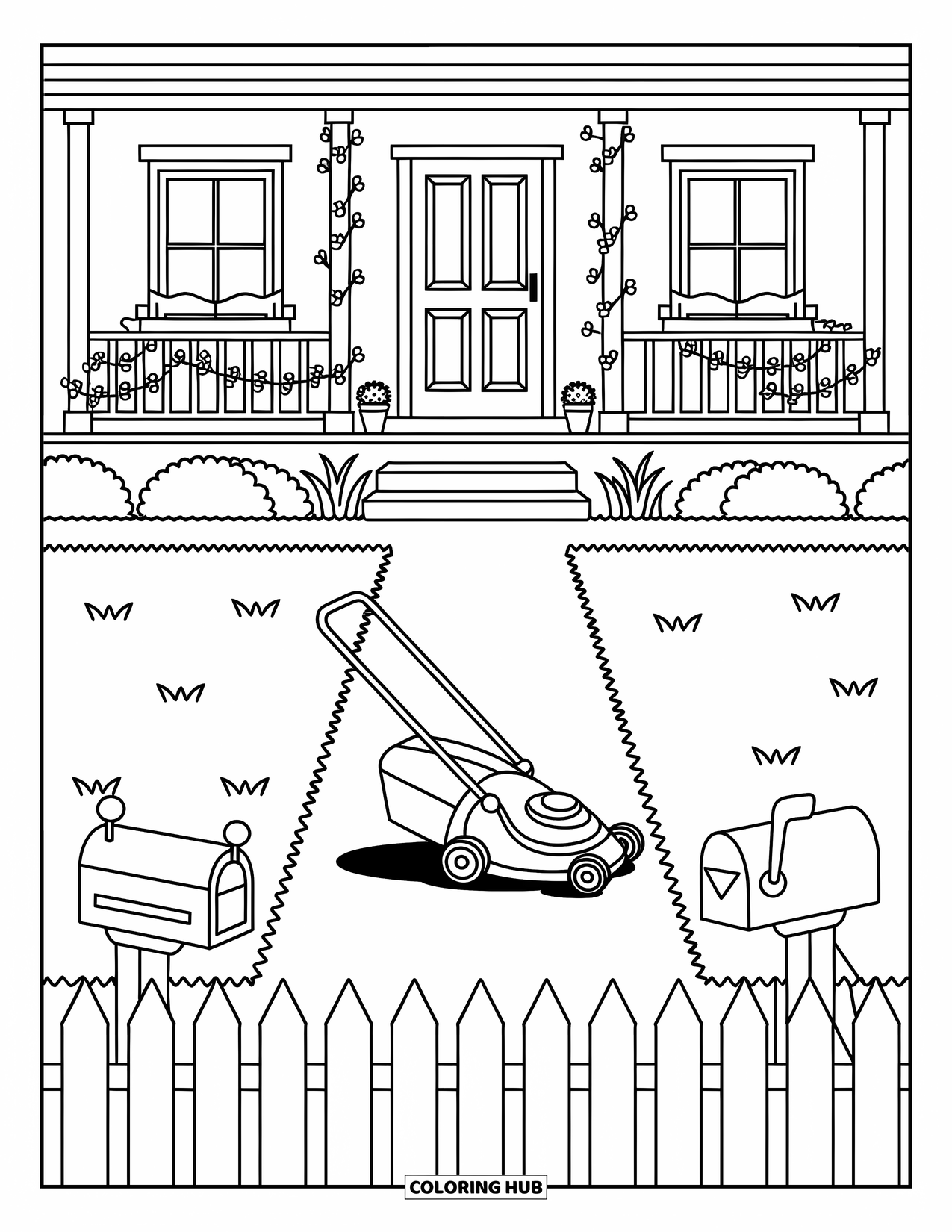 Lawn Mower Coloring Page for Adults: Mower glides over grass in a yard with ivy-covered porch and tiny garden pieces