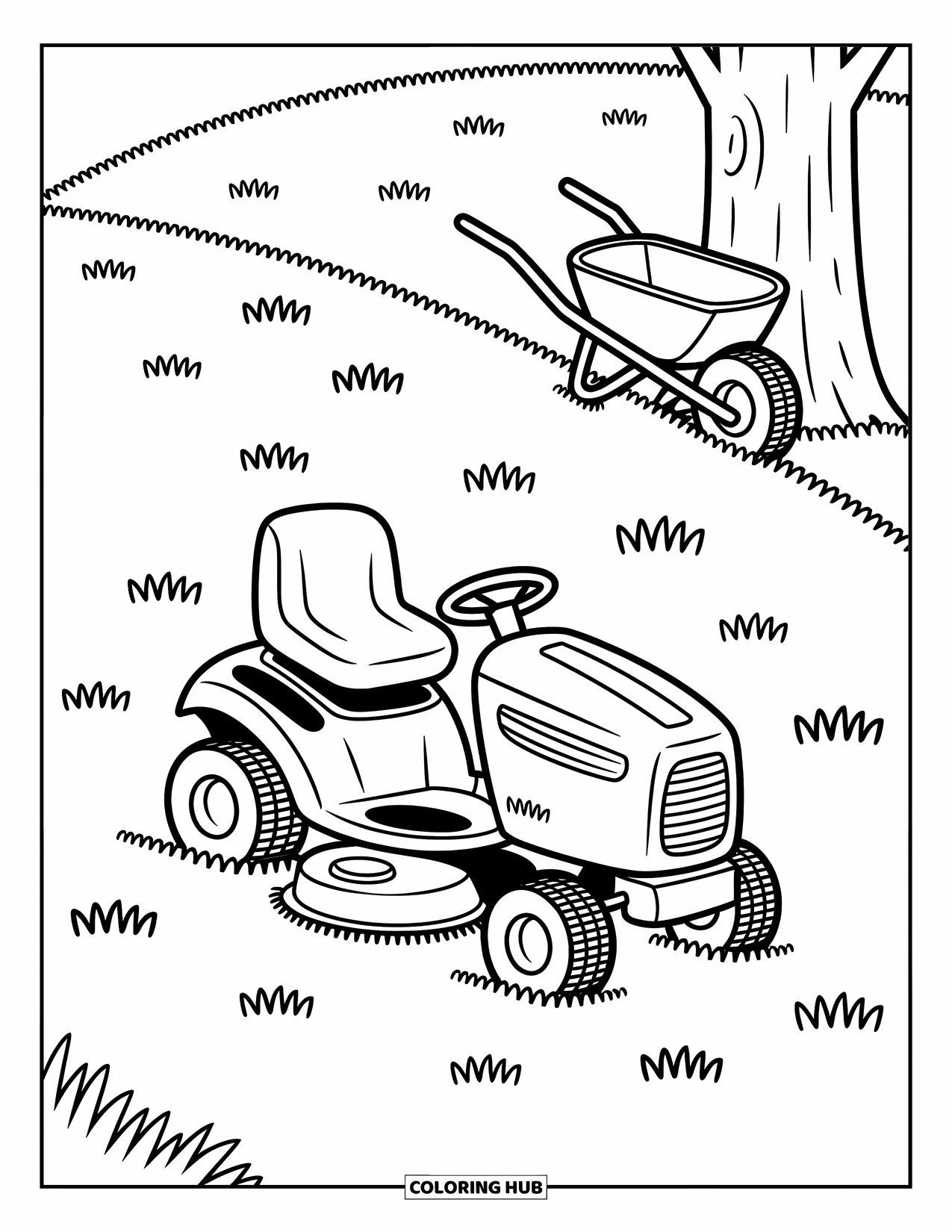 Lawn Mower Coloring Page for Adults: Riding mower and wheelbarrow rest in a cozy field dotted with mushrooms and flowers